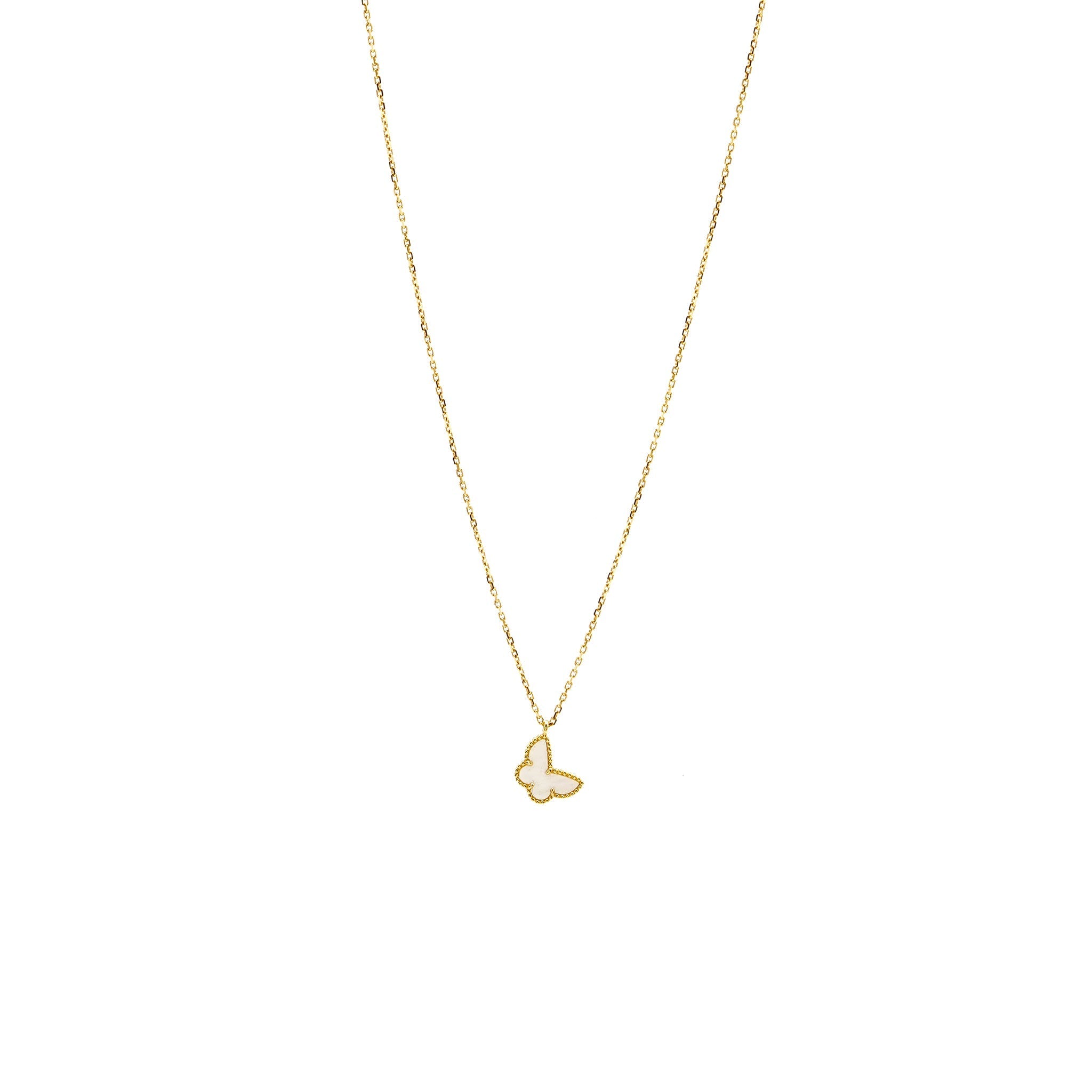 VAN CLEEF & ARPELS SWEET ALHAMBRA BUTTERFLY PENDANT YELLOW GOLD WHITE MOTHER OF PEARL