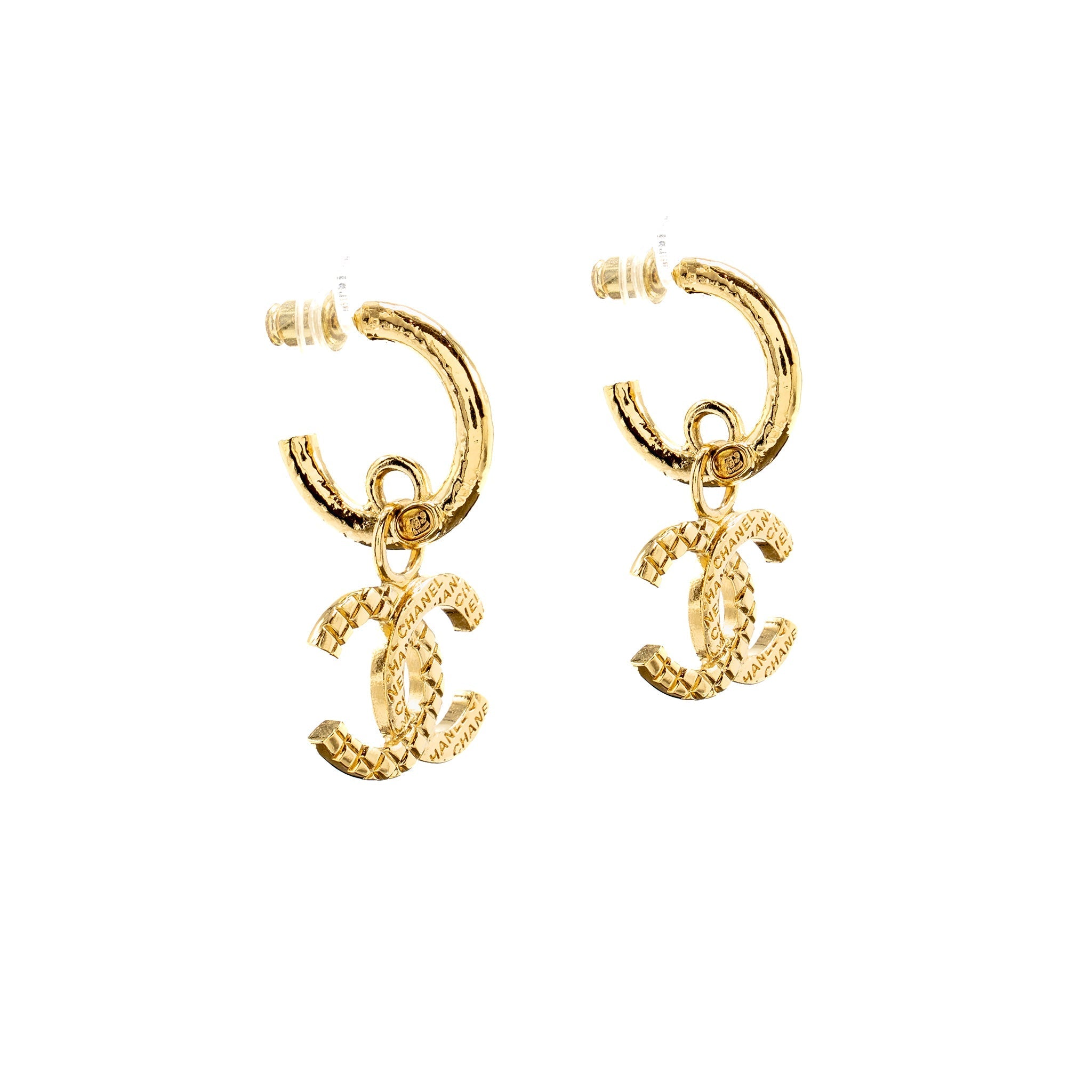 CHANEL QUILTED CC LOGO HOOP EARRINGS GOLD TONE