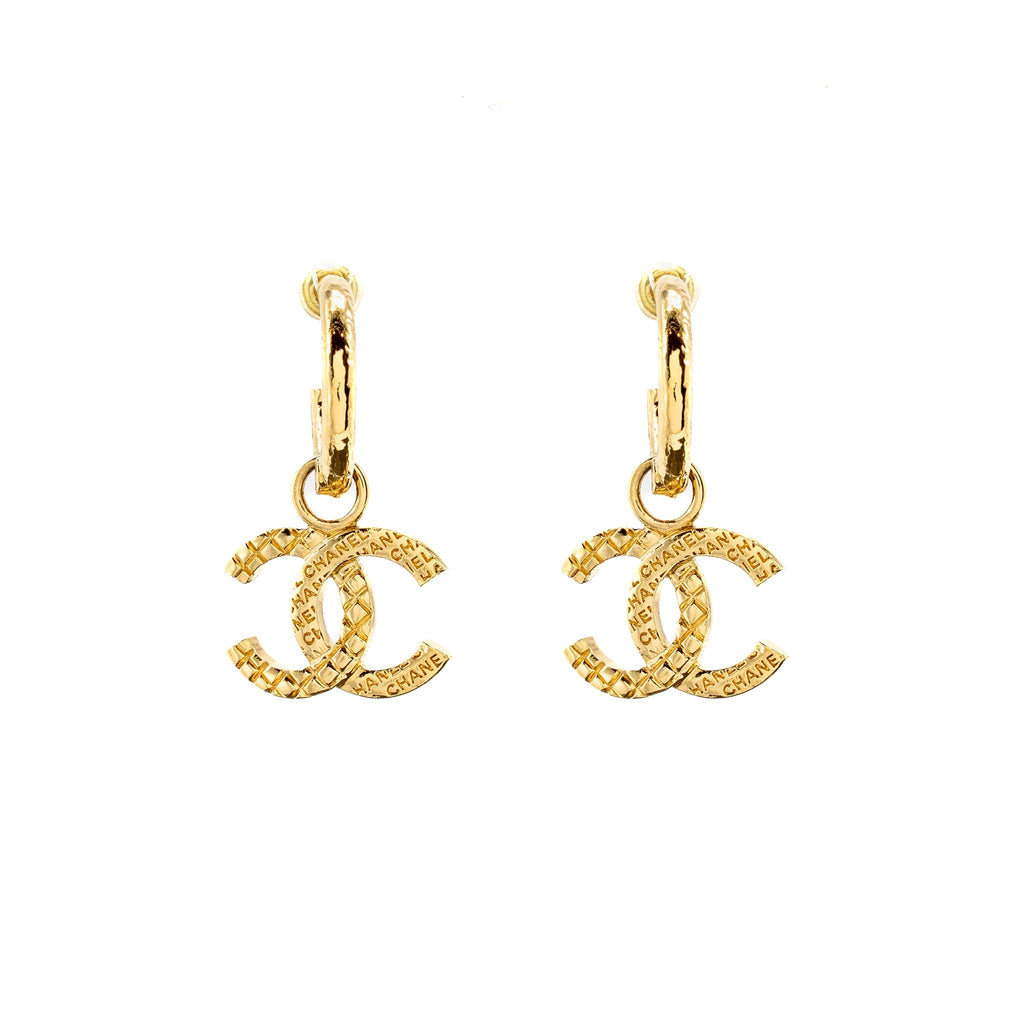 CHANEL QUILTED CC LOGO HOOP EARRINGS GOLD TONE
