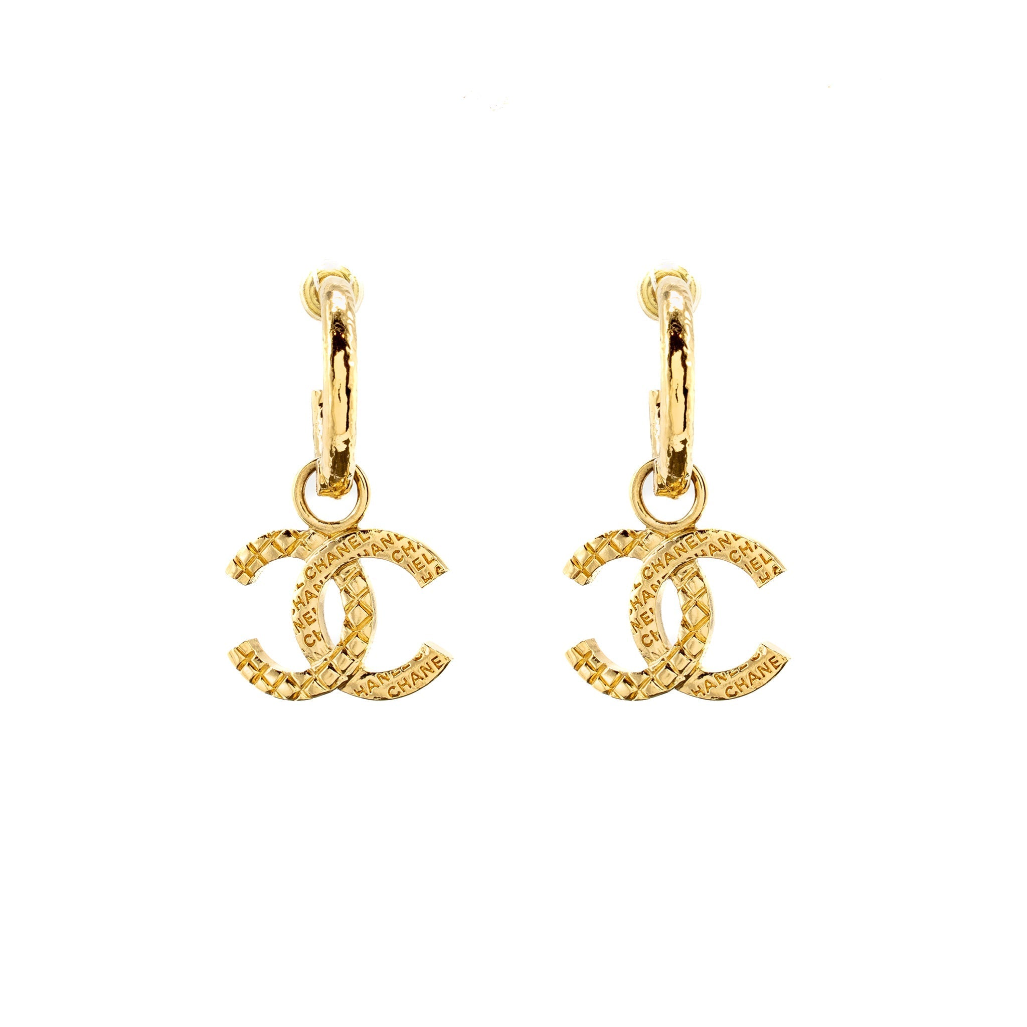 CHANEL QUILTED CC LOGO HOOP EARRINGS GOLD TONE