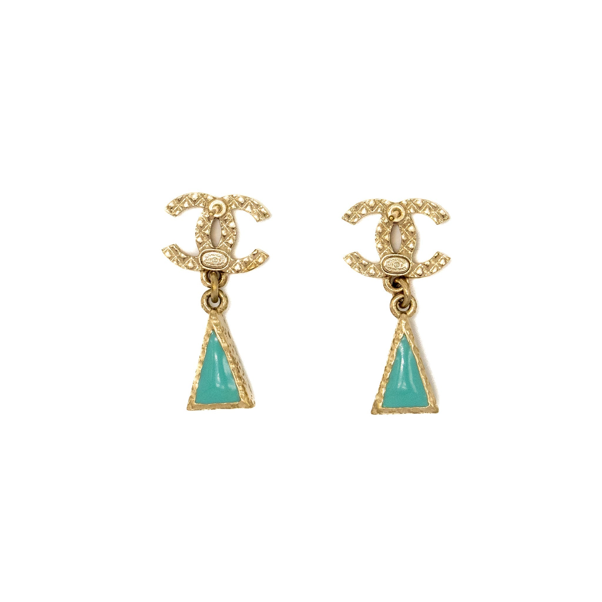 CHANEL CC TRIANGLE DROP EARRINGS LIGHT GOLD TONE/ BLUE