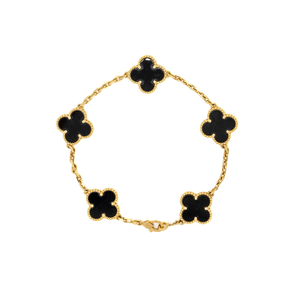 VAN CLEEF & ARPELS VINTAGE ALHAMBRA BRACELET 5 MOTIFS YELLOW GOLD, ONYX