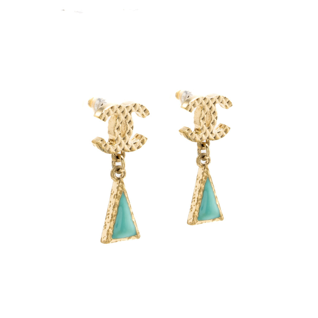 CHANEL CC TRIANGLE DROP EARRINGS LIGHT GOLD TONE/ BLUE