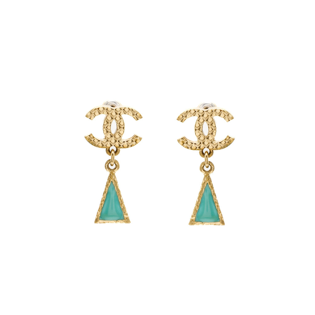 CHANEL CC TRIANGLE DROP EARRINGS LIGHT GOLD TONE/ BLUE