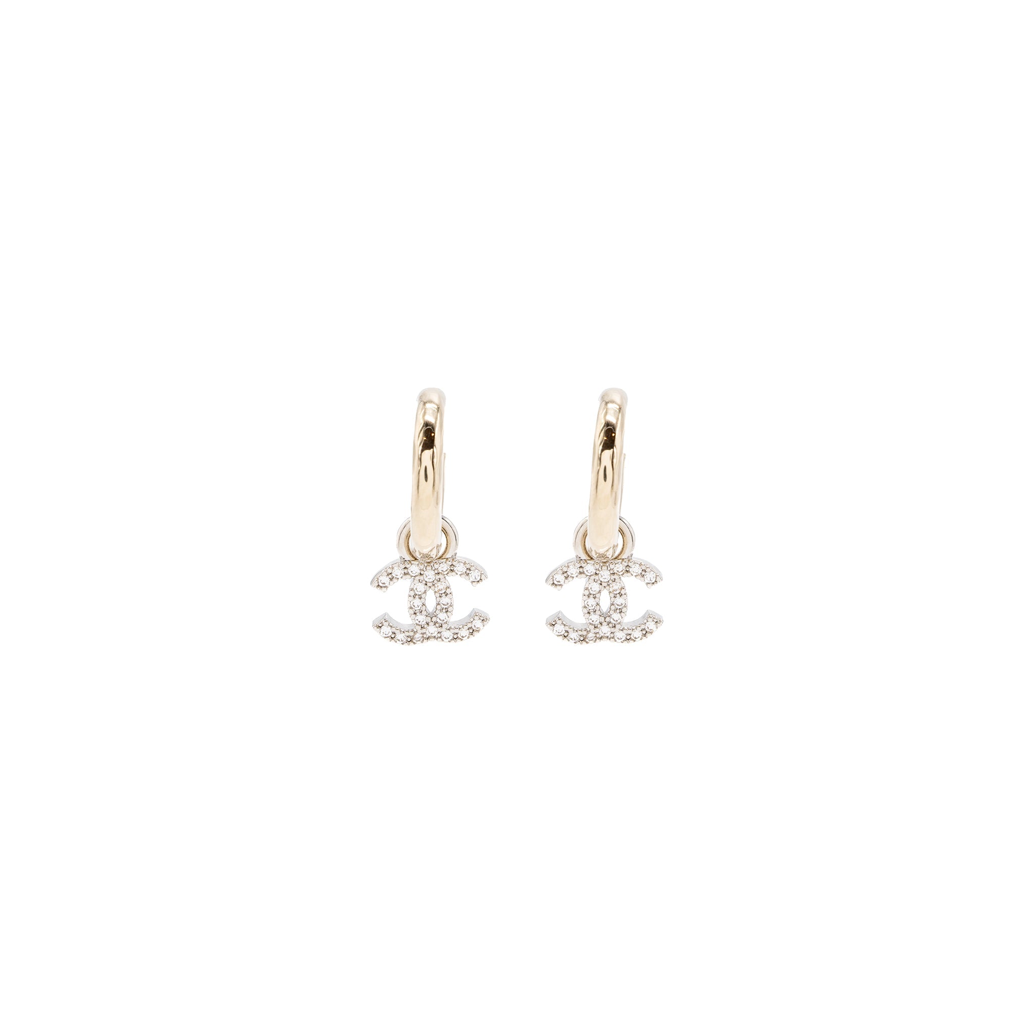 CHANEL ROUND CC LOGO DROPPED EARRING CRYSTAL LIGHT GOLD TONE