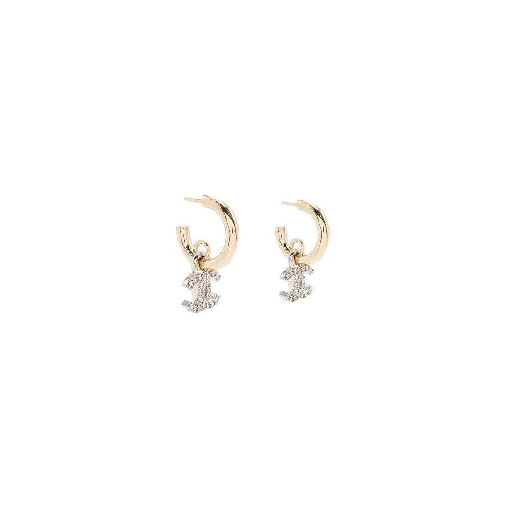 CHANEL ROUND CC LOGO DROPPED EARRING CRYSTAL LIGHT GOLD TONE