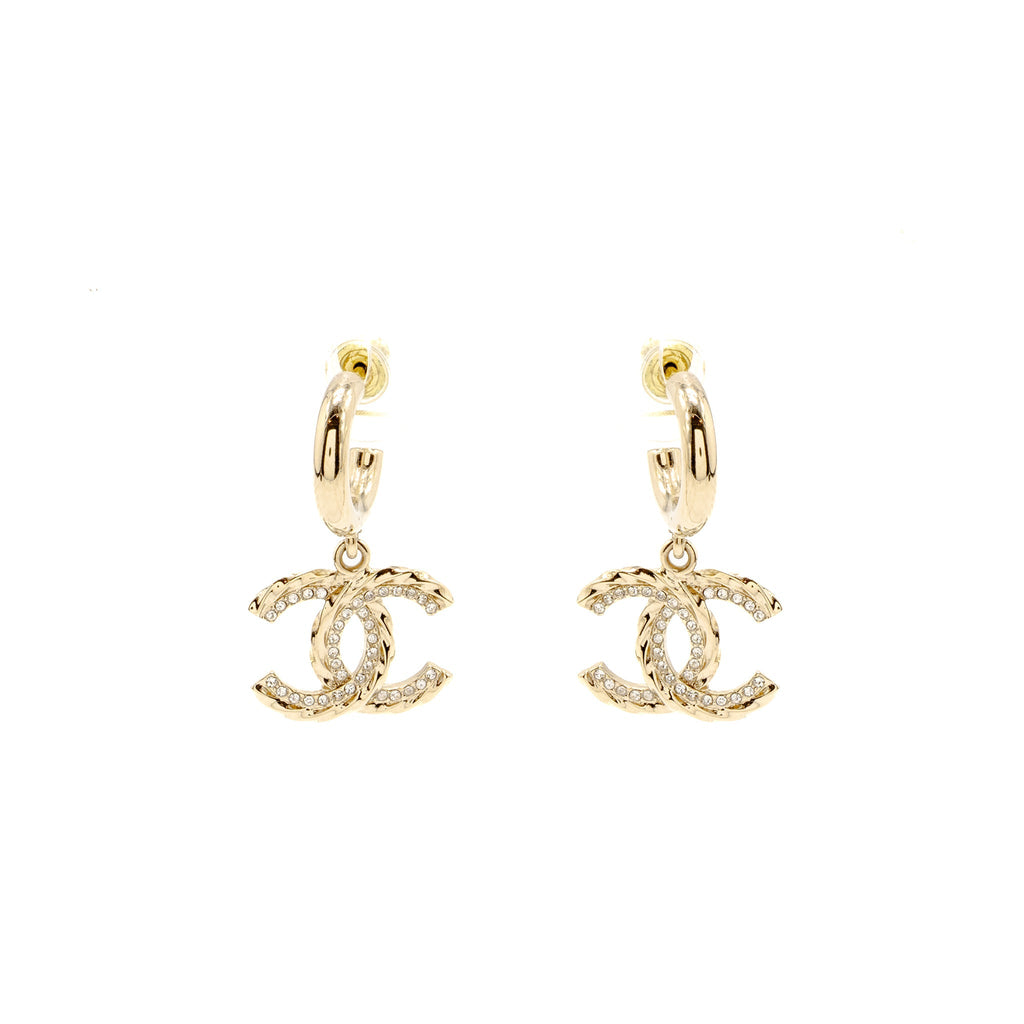 CHANEL CC DROP EARRINGS CRYSTAL LIGHT GOLD TONE