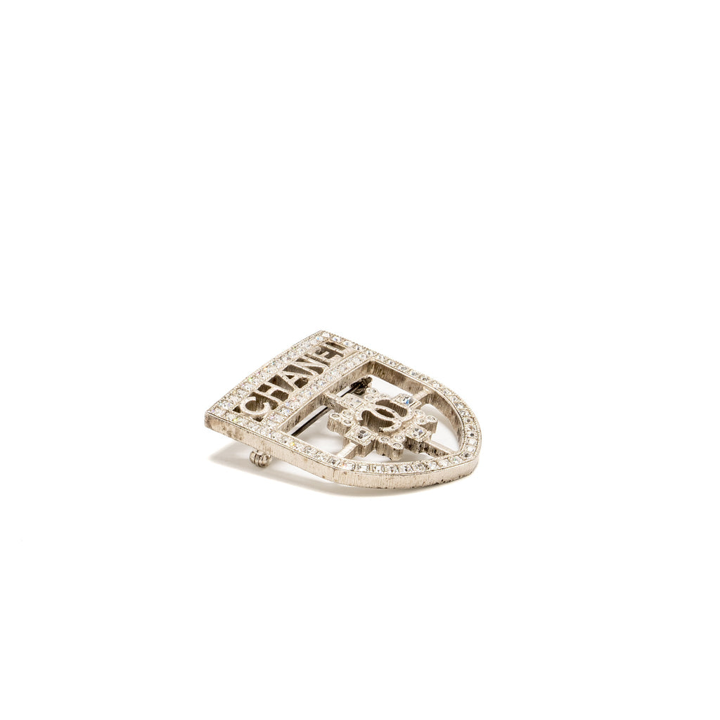 CHANEL SHIELD BROOCH CRYSTAL SILVER TONE