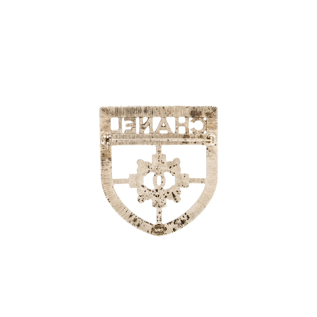 CHANEL SHIELD BROOCH CRYSTAL SILVER TONE