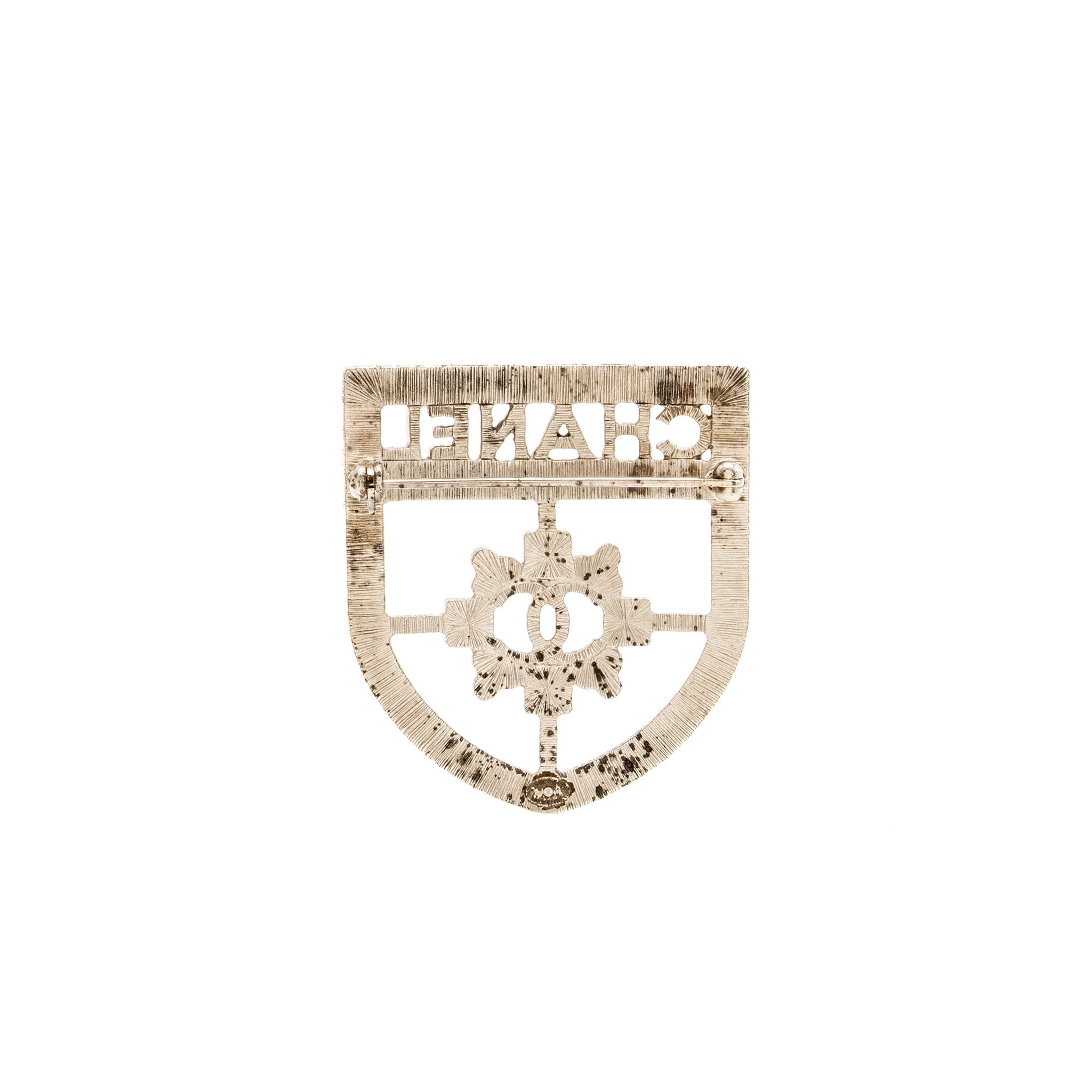 CHANEL SHIELD BROOCH CRYSTAL SILVER TONE