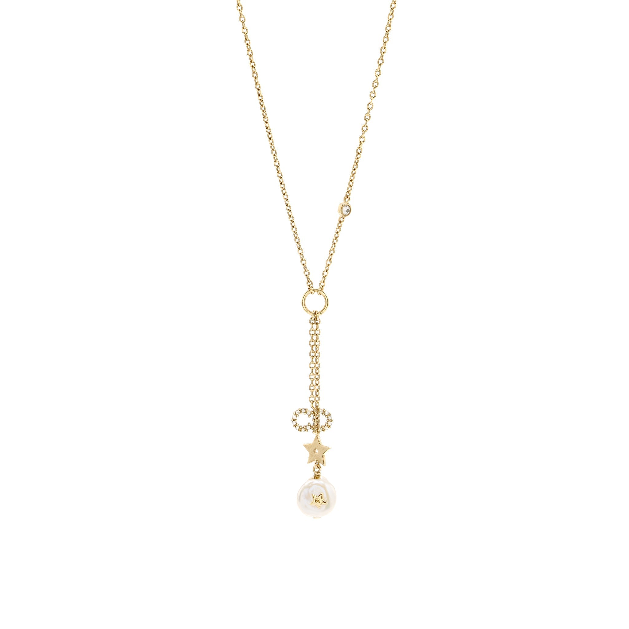 DIOR CD STAR AND PEARL DROP NECKLACE CRYSTAL GOLD TONE