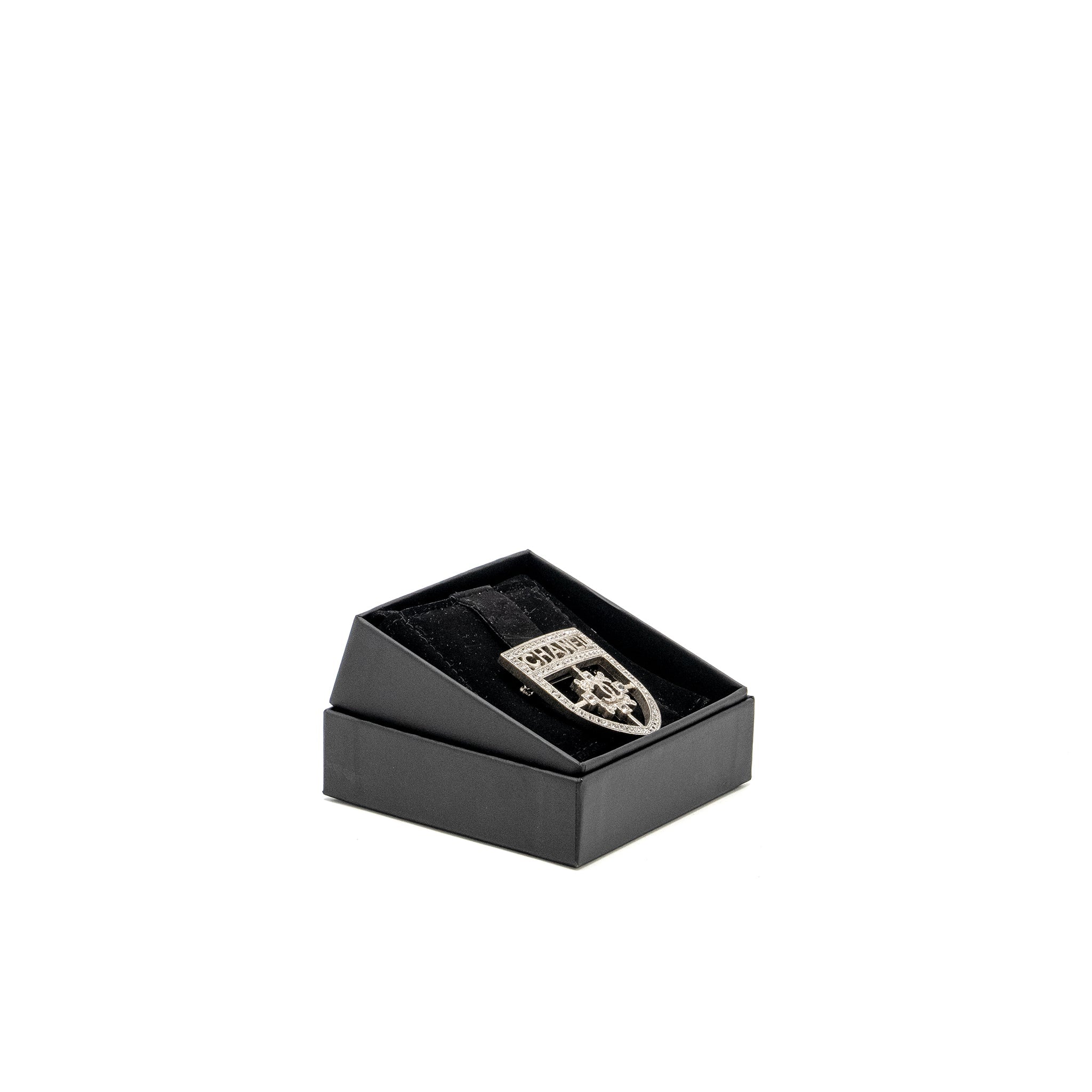 CHANEL SHIELD BROOCH CRYSTAL SILVER TONE