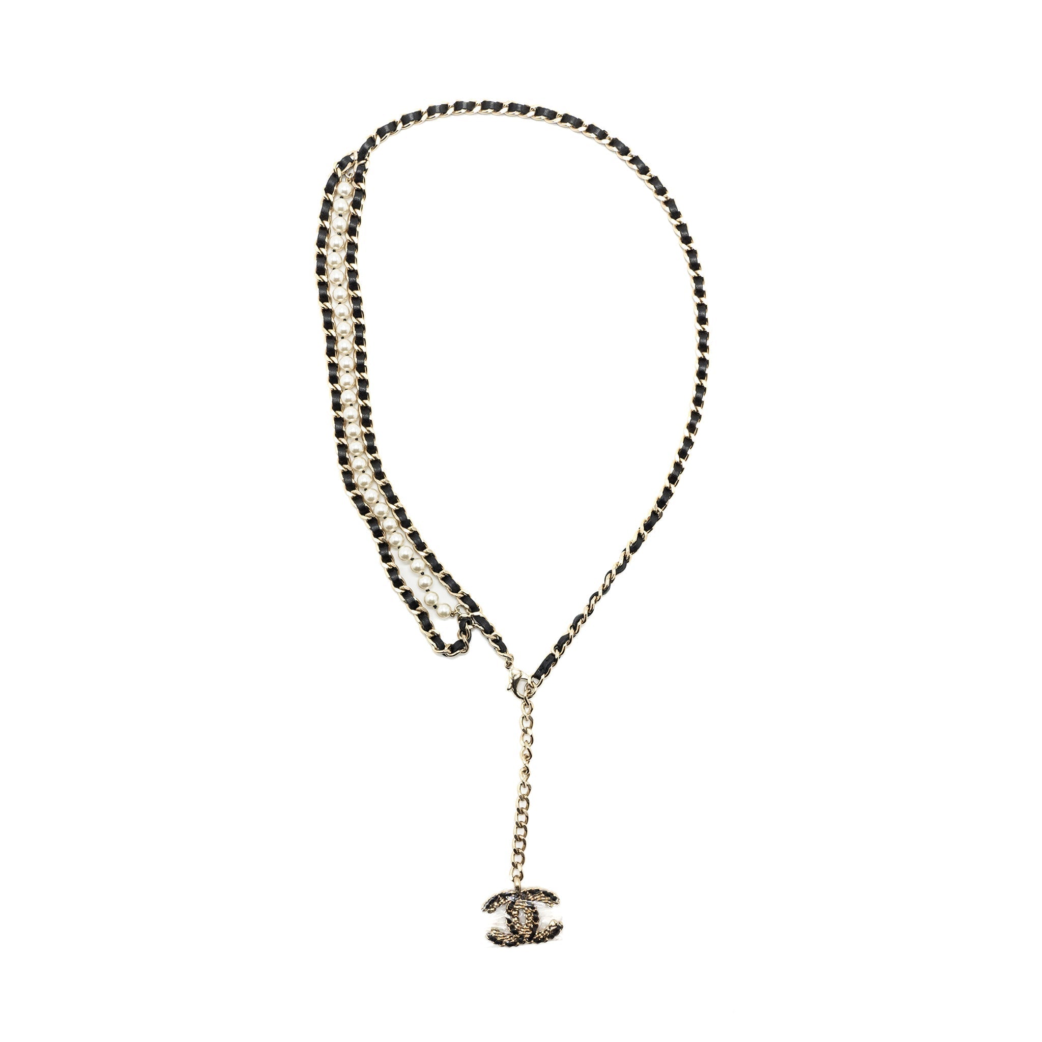 CHANEL CC LOGO DROPPED WAIST CHAIN BELT LEATHER CHAIN/PEARL LGHW