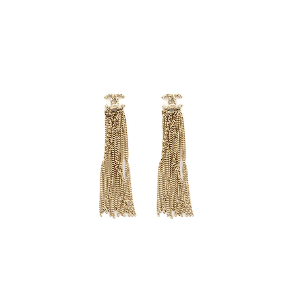 CHANEL CC LOGO TASSEL EARRINGS LIGHT GOLD TONE