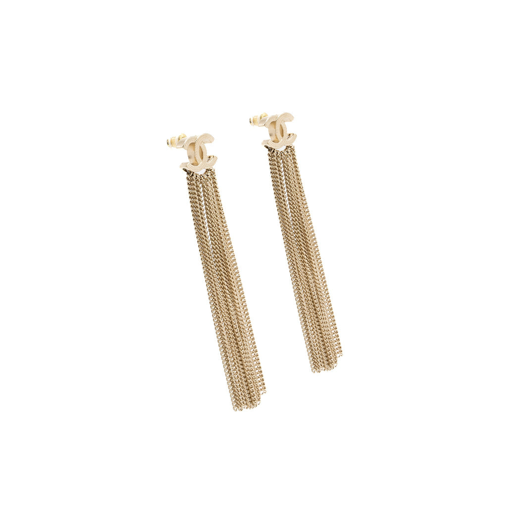 CHANEL CC LOGO TASSEL EARRINGS LIGHT GOLD TONE