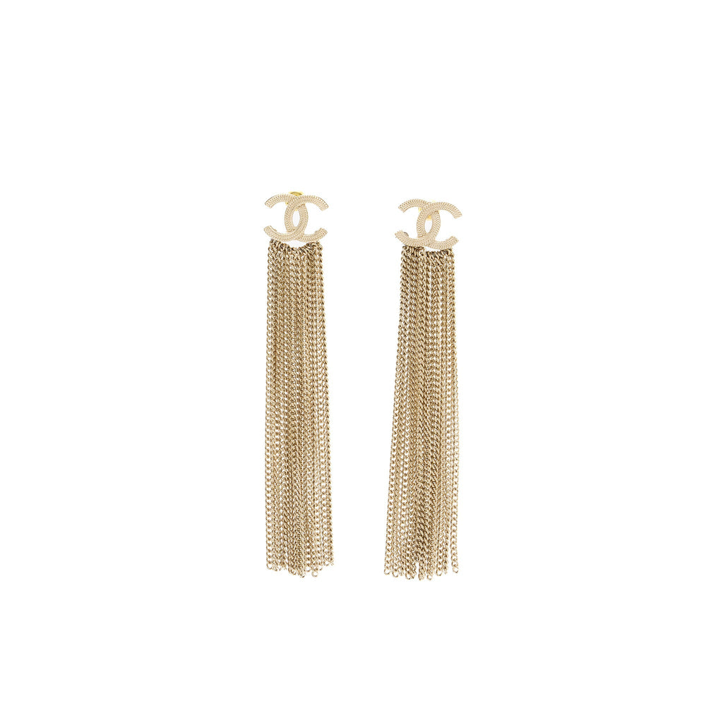 CHANEL CC LOGO TASSEL EARRINGS LIGHT GOLD TONE