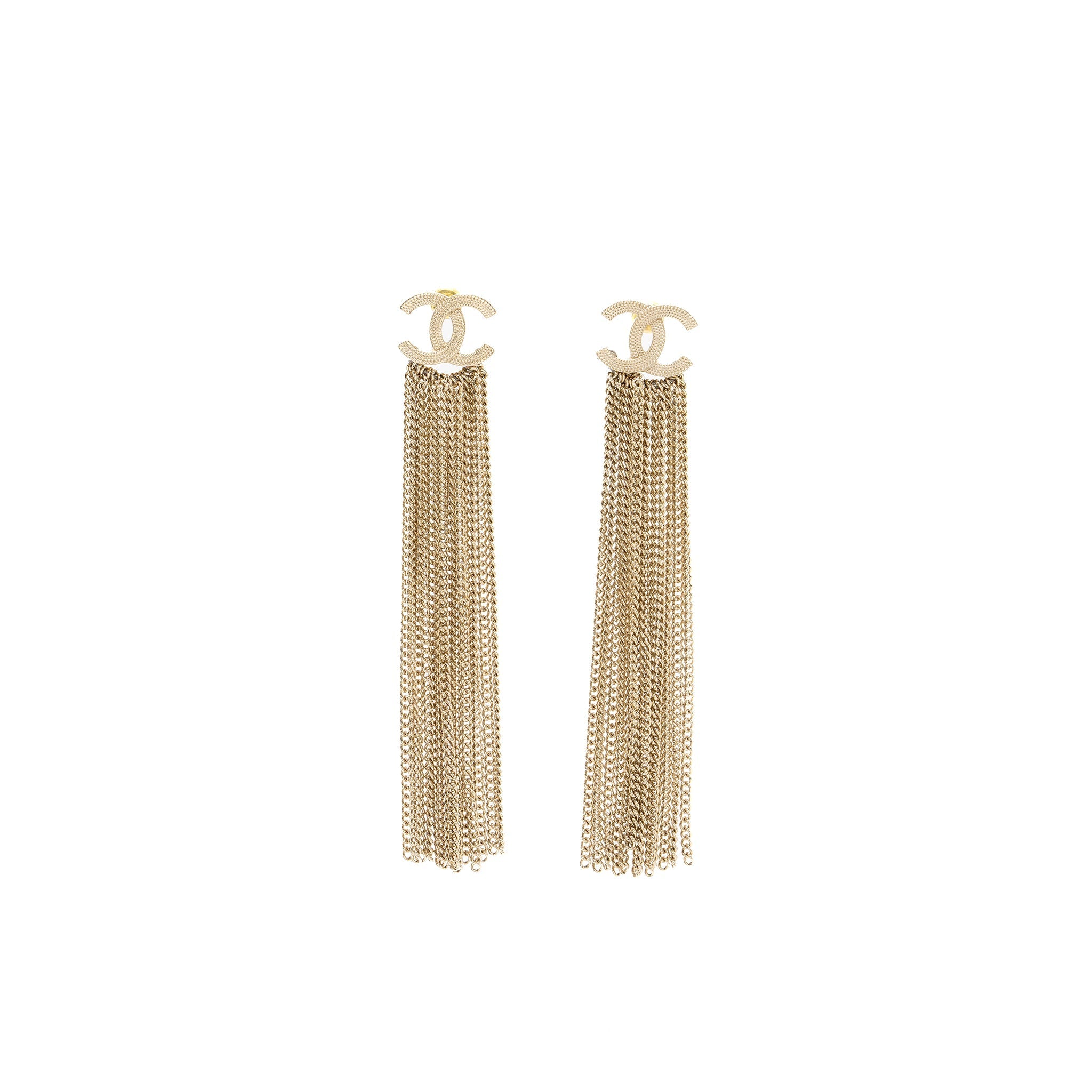 CHANEL CC LOGO TASSEL EARRINGS LIGHT GOLD TONE