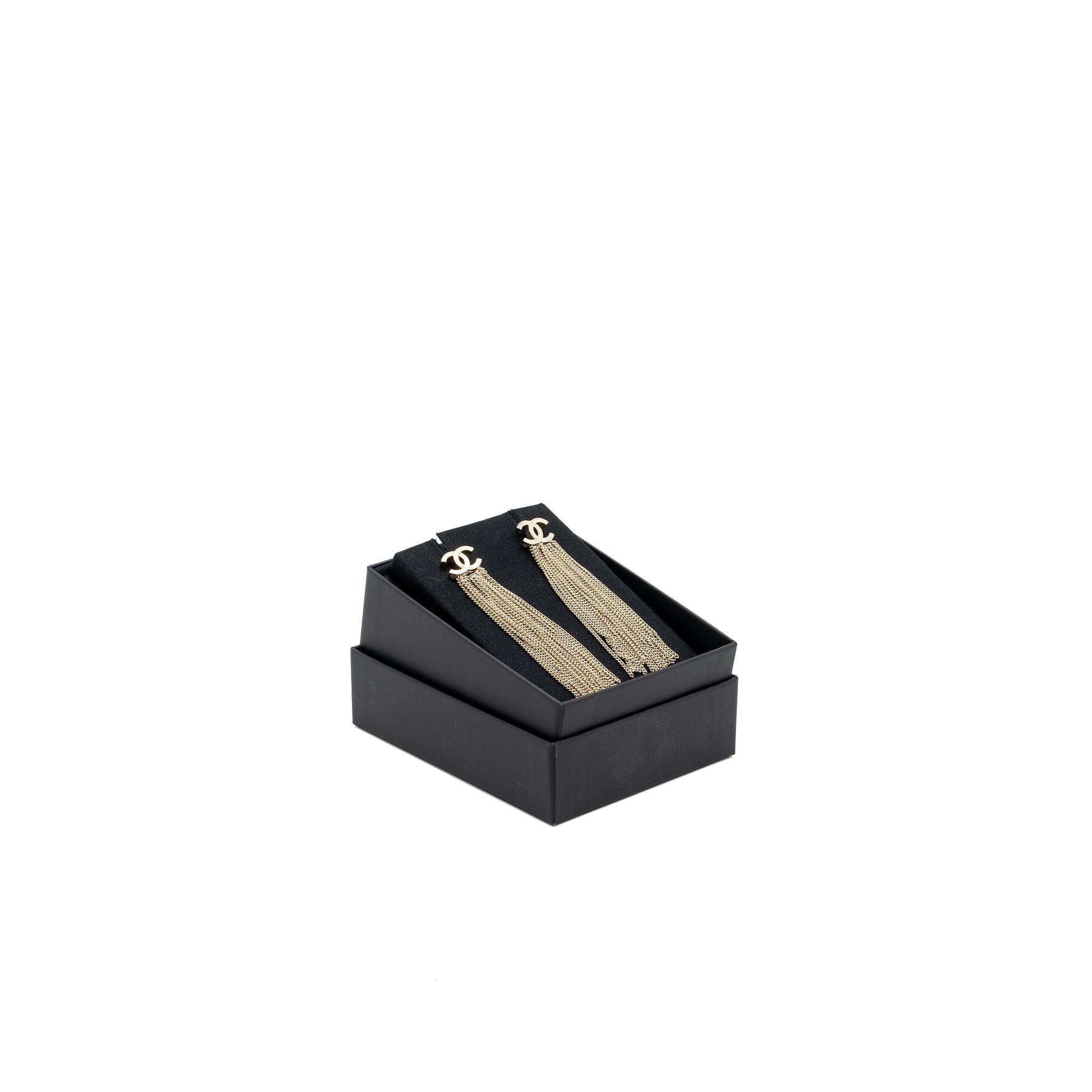 CHANEL CC LOGO TASSEL EARRINGS LIGHT GOLD TONE