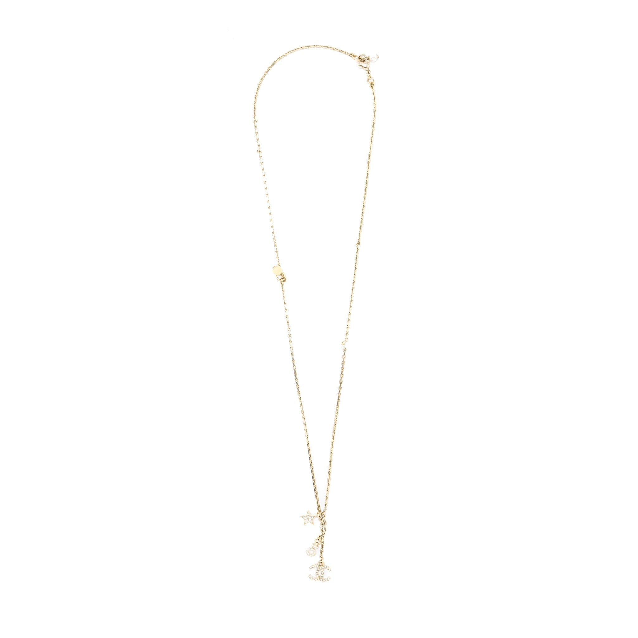CHANEL NO.5/STAR/CC LOGO DROPPED CRYSTAL NECKLACE LIGHT GOLD TONE