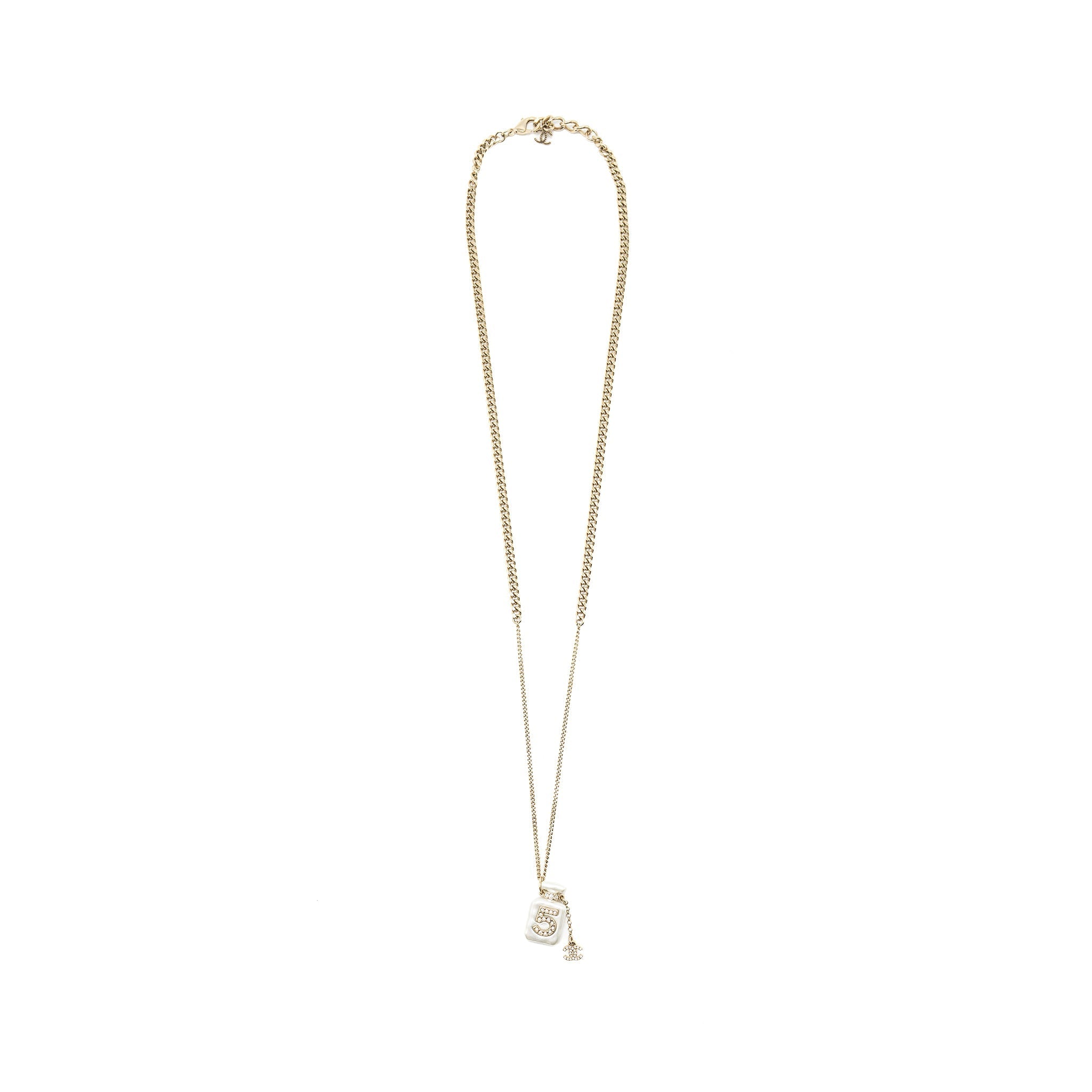 CHANEL NO.5 PERFUME BOTTLE LONG NECKLACE LIGHT GOLD TONE