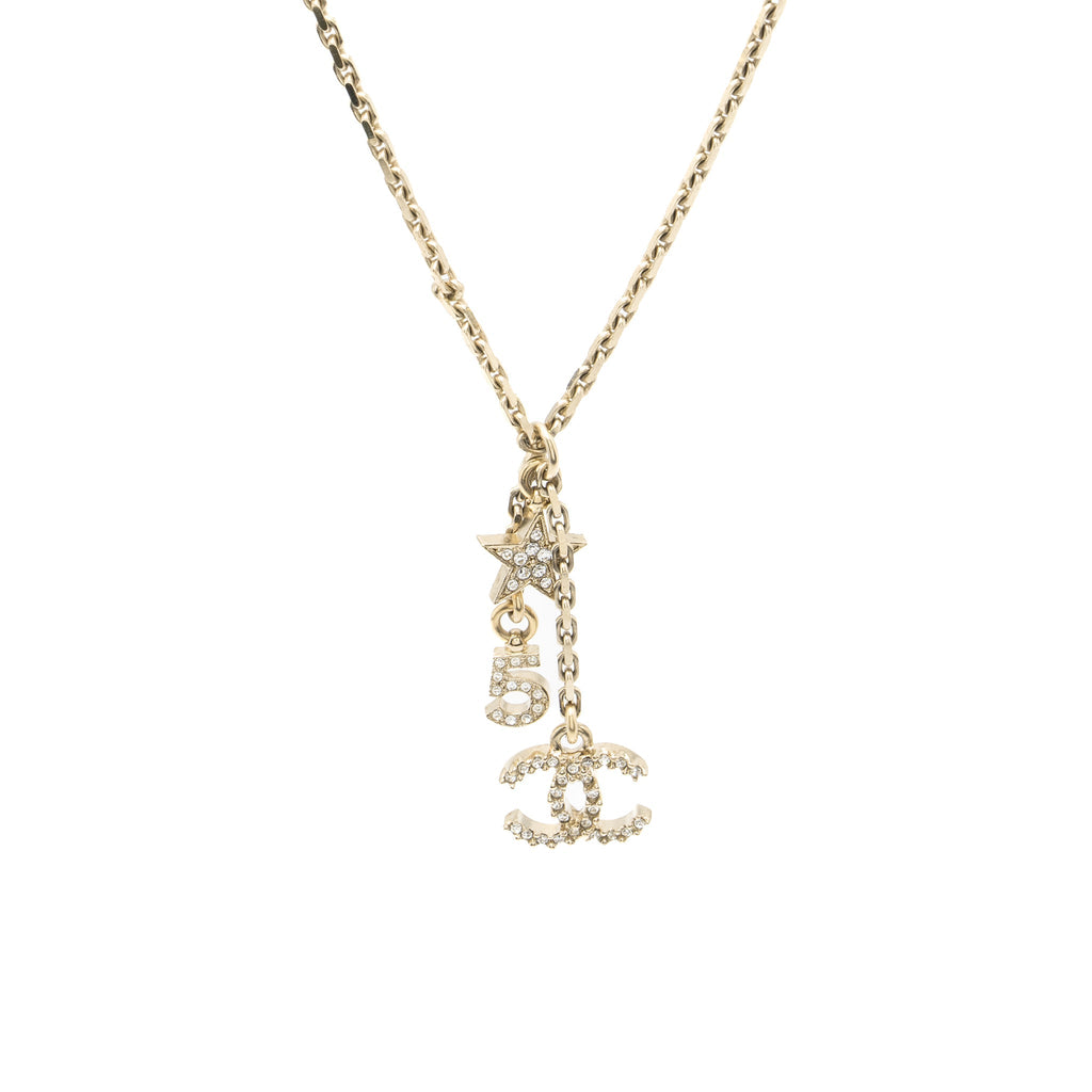 CHANEL NO.5/STAR/CC LOGO DROPPED CRYSTAL NECKLACE LIGHT GOLD TONE