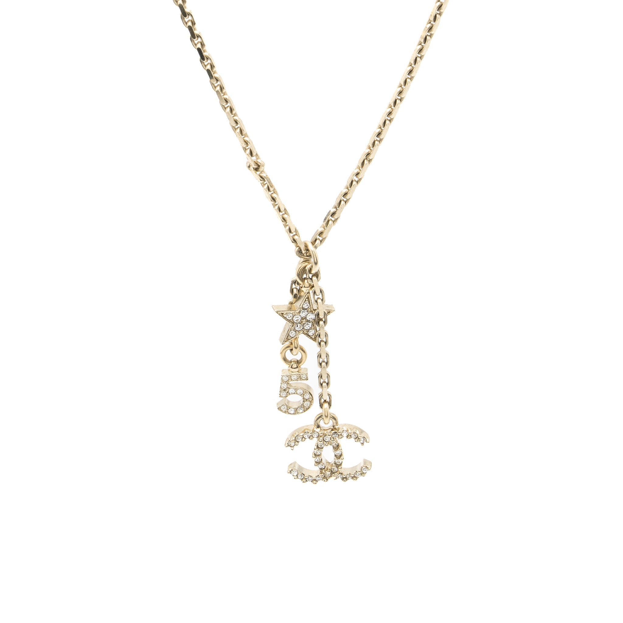 CHANEL NO.5/STAR/CC LOGO DROPPED CRYSTAL NECKLACE LIGHT GOLD TONE