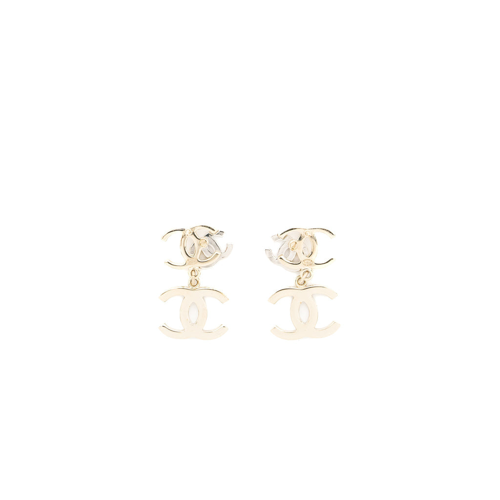 CHANEL DOUBLE CC WITH CC DROP EARRINGS CRYSTAL LIGHT GOLD TONE