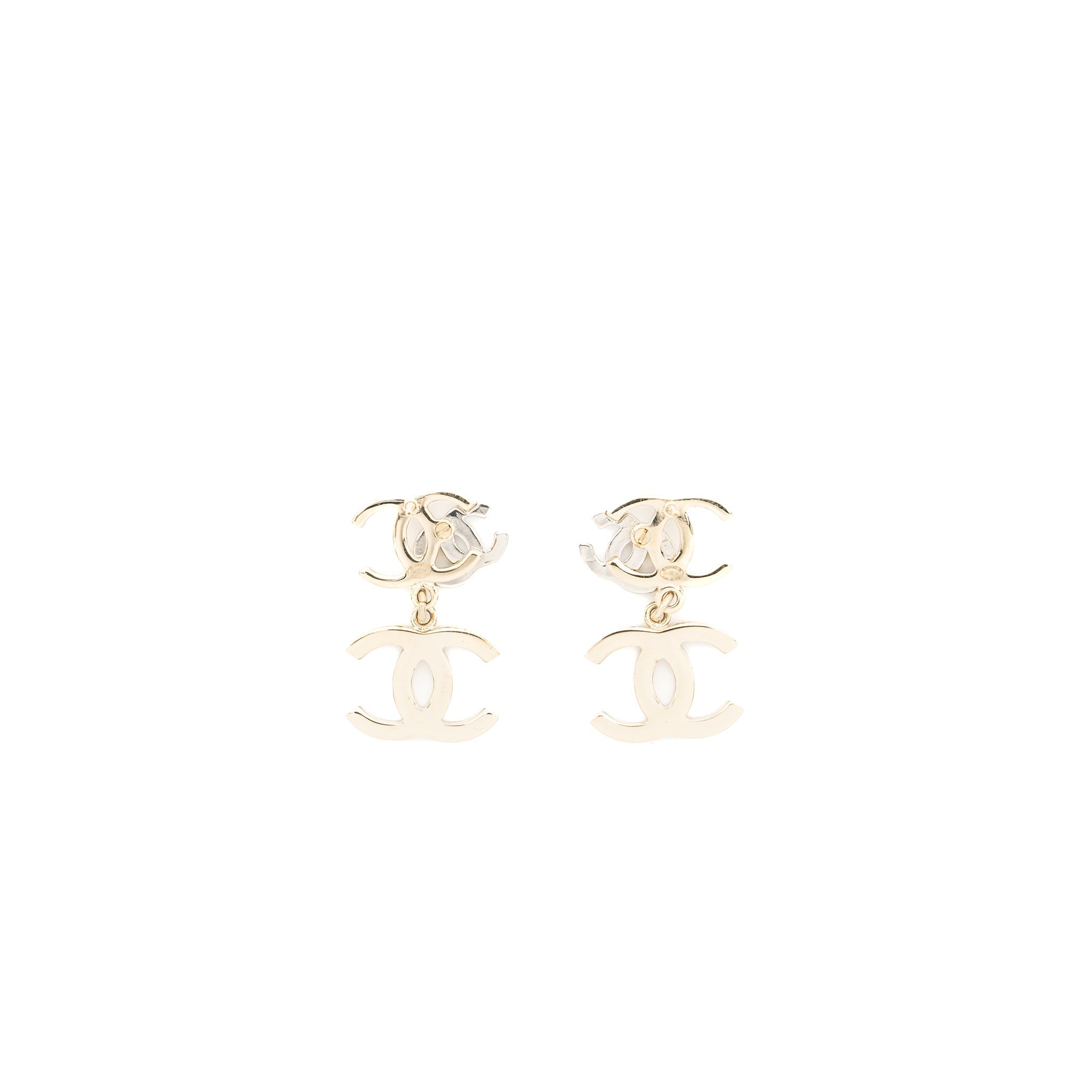 CHANEL DOUBLE CC WITH CC DROP EARRINGS CRYSTAL LIGHT GOLD TONE