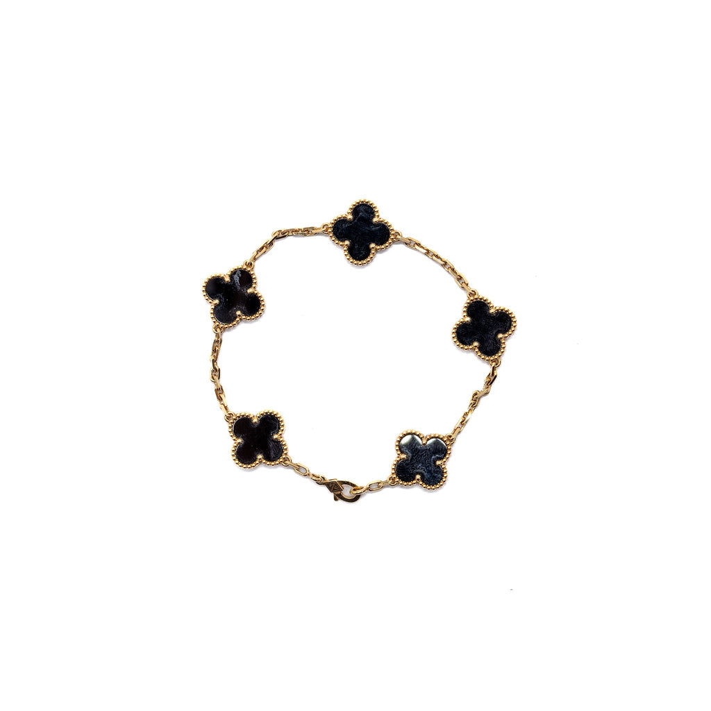 VAN CLEEF AND ARPELS VINTAGE ALHAMBRA BRACELET 5 MOTIFS 18K YELLOW GOLD, ONYX