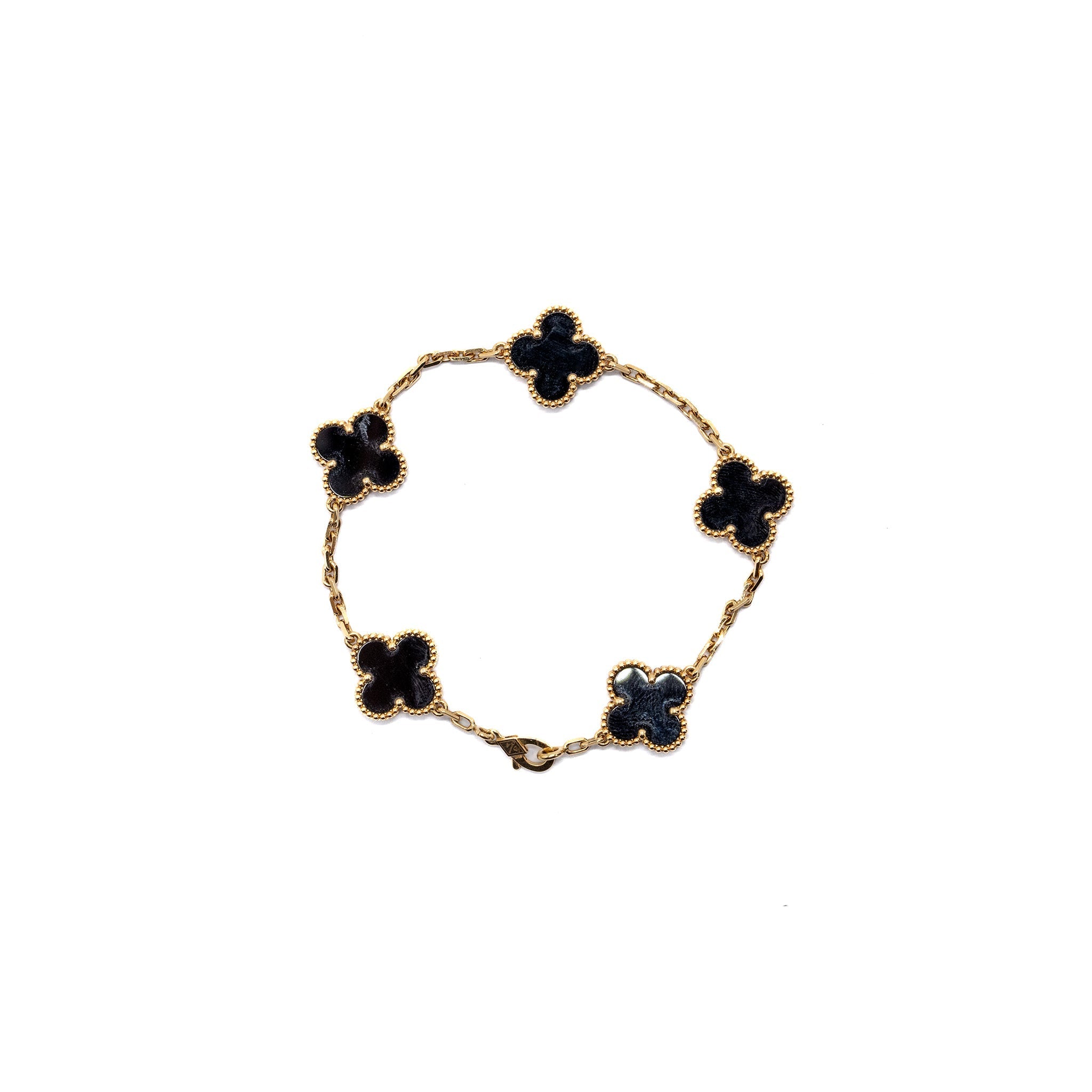 VAN CLEEF AND ARPELS VINTAGE ALHAMBRA BRACELET 5 MOTIFS 18K YELLOW GOLD, ONYX