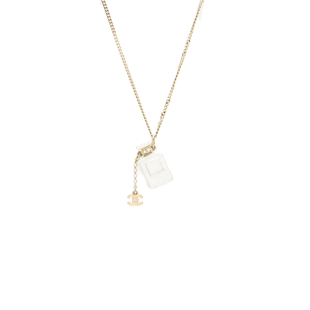 CHANEL NO.5 PERFUME BOTTLE LONG NECKLACE LIGHT GOLD TONE