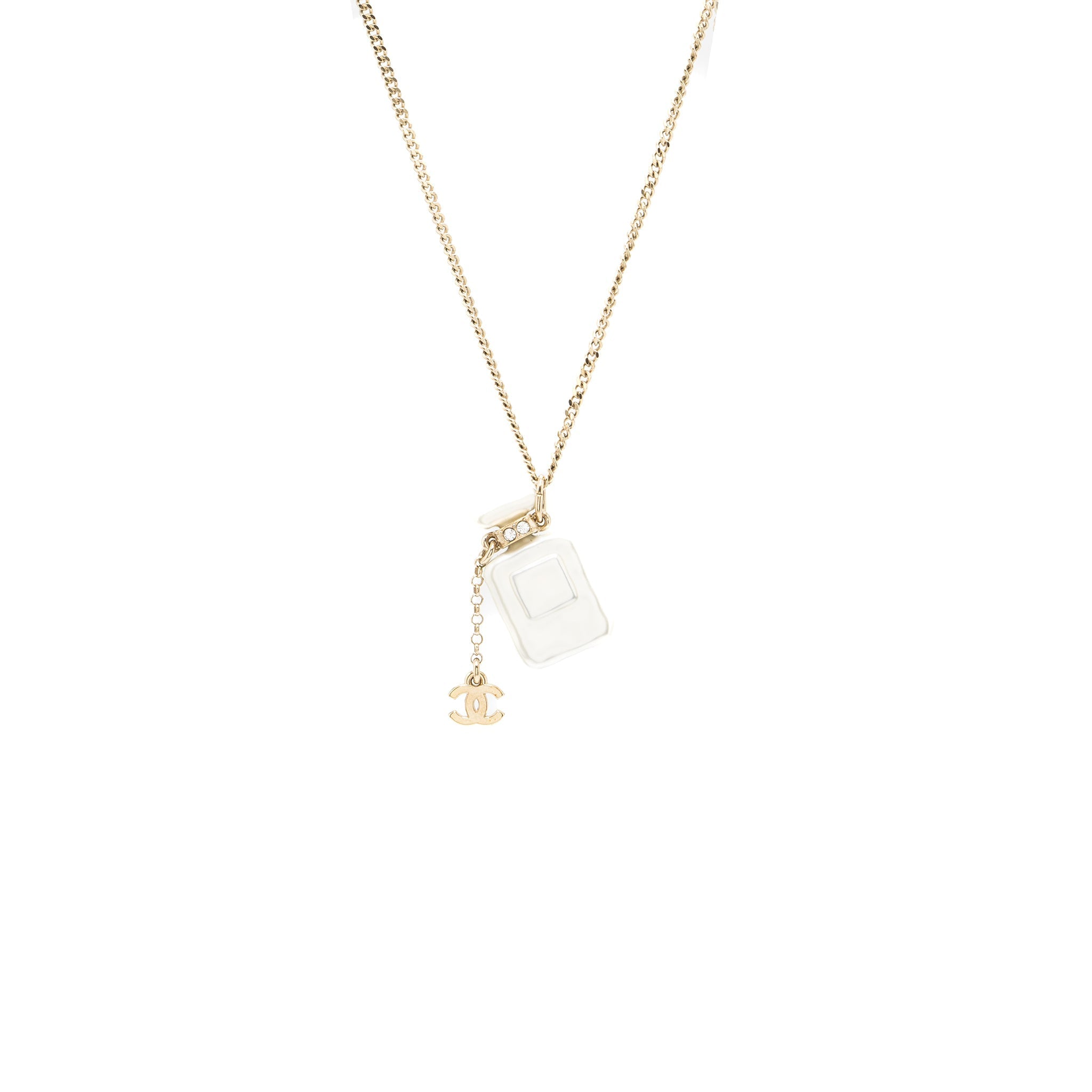 CHANEL NO.5 PERFUME BOTTLE LONG NECKLACE LIGHT GOLD TONE
