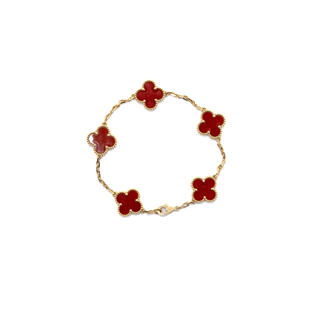 VAN CLEEF AND ARPELS VINTAGE ALHAMBRA BRACELET 5 MOTIFS 18K YELLOW GOLD, CARNELIAN