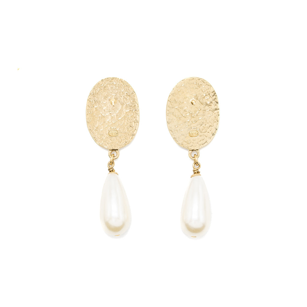 CHANEL CC LOGO EARRINGS PEARL DROPPED CRYSTAL GOLD TONE