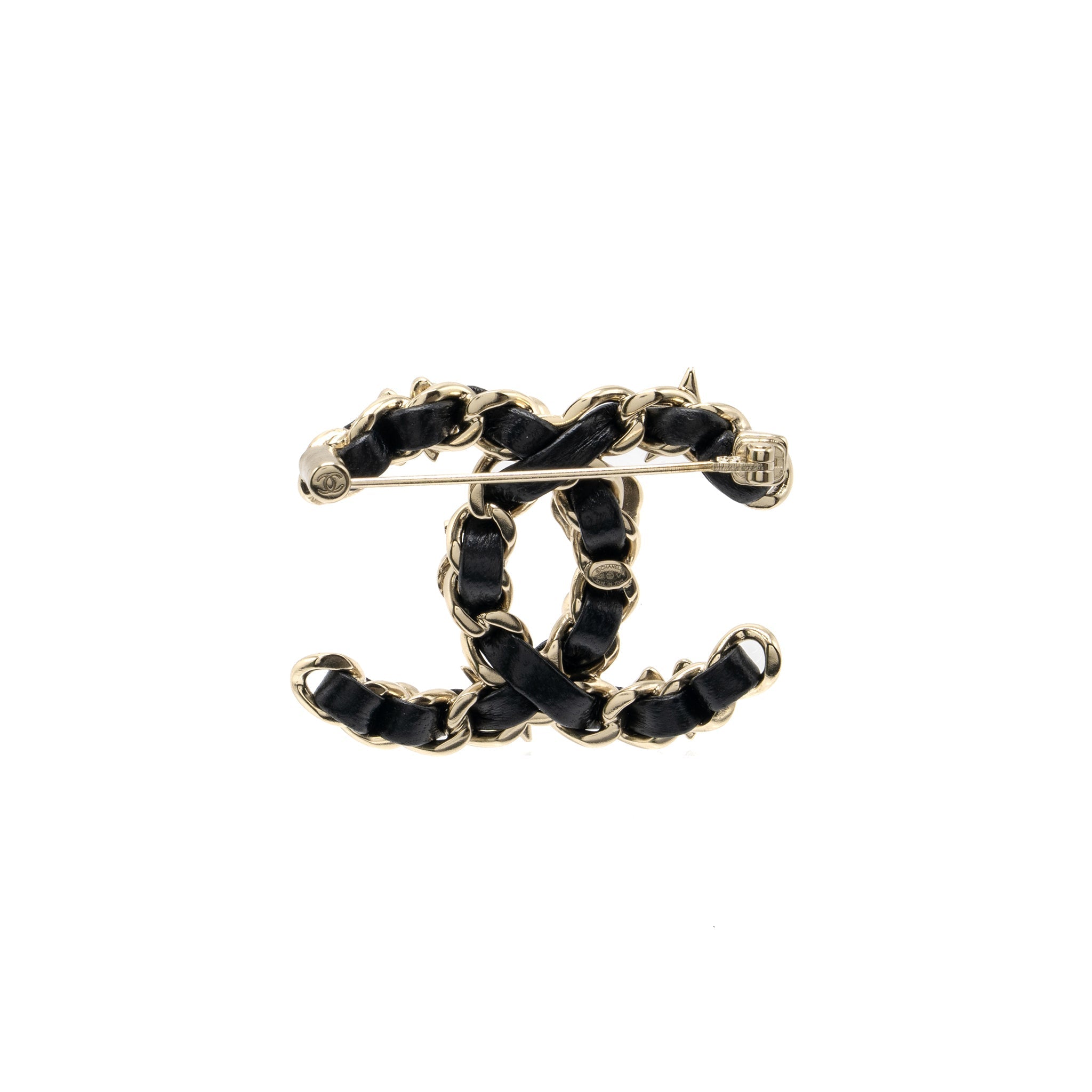 CHANEL CAMELLIA/LEATHER CHAIN/CRYSTAL/PEARL BROOCH LIGHT GOLD TONE