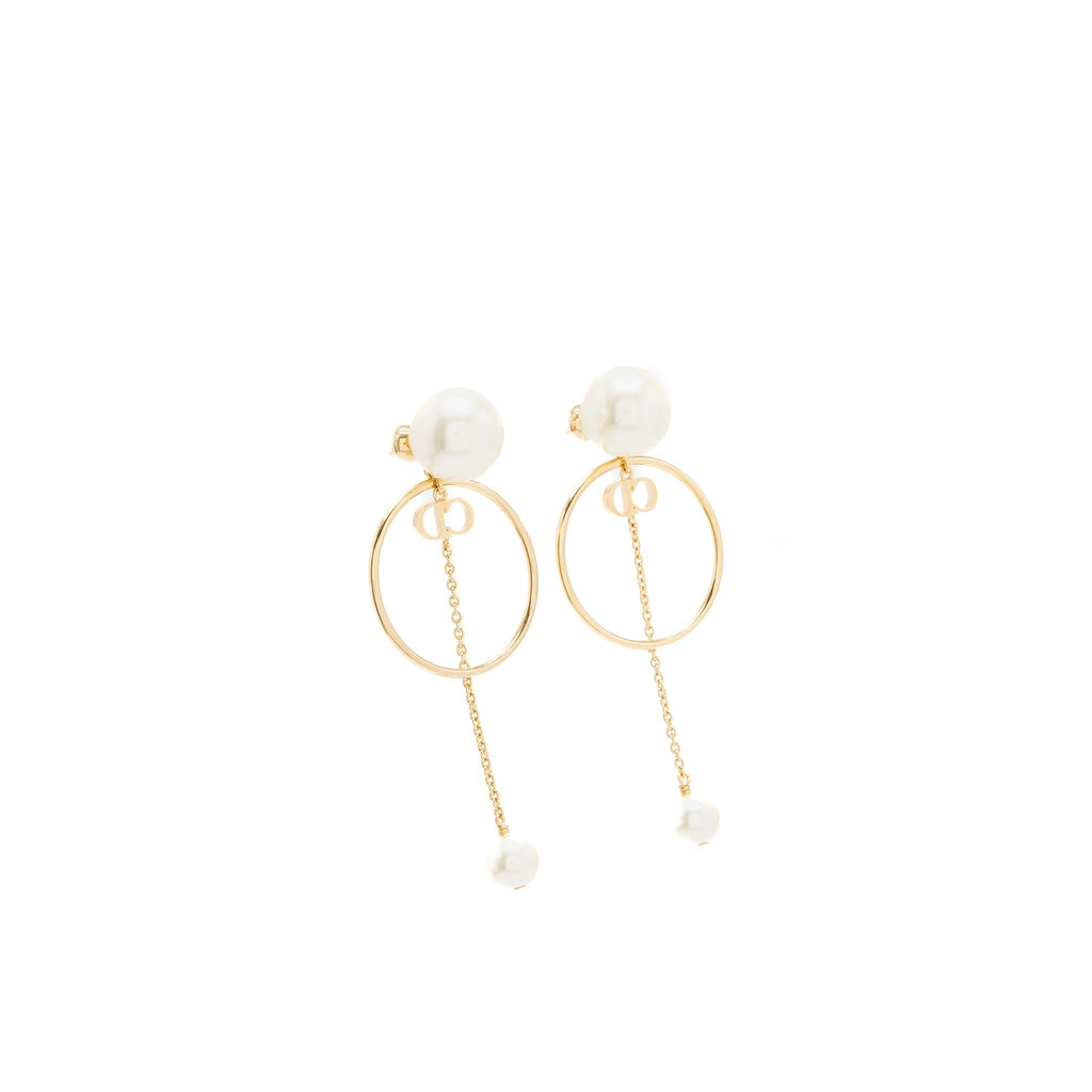 DIOR CD LOGO ROUND DROP EARRINGS PEARL GOLD TONE