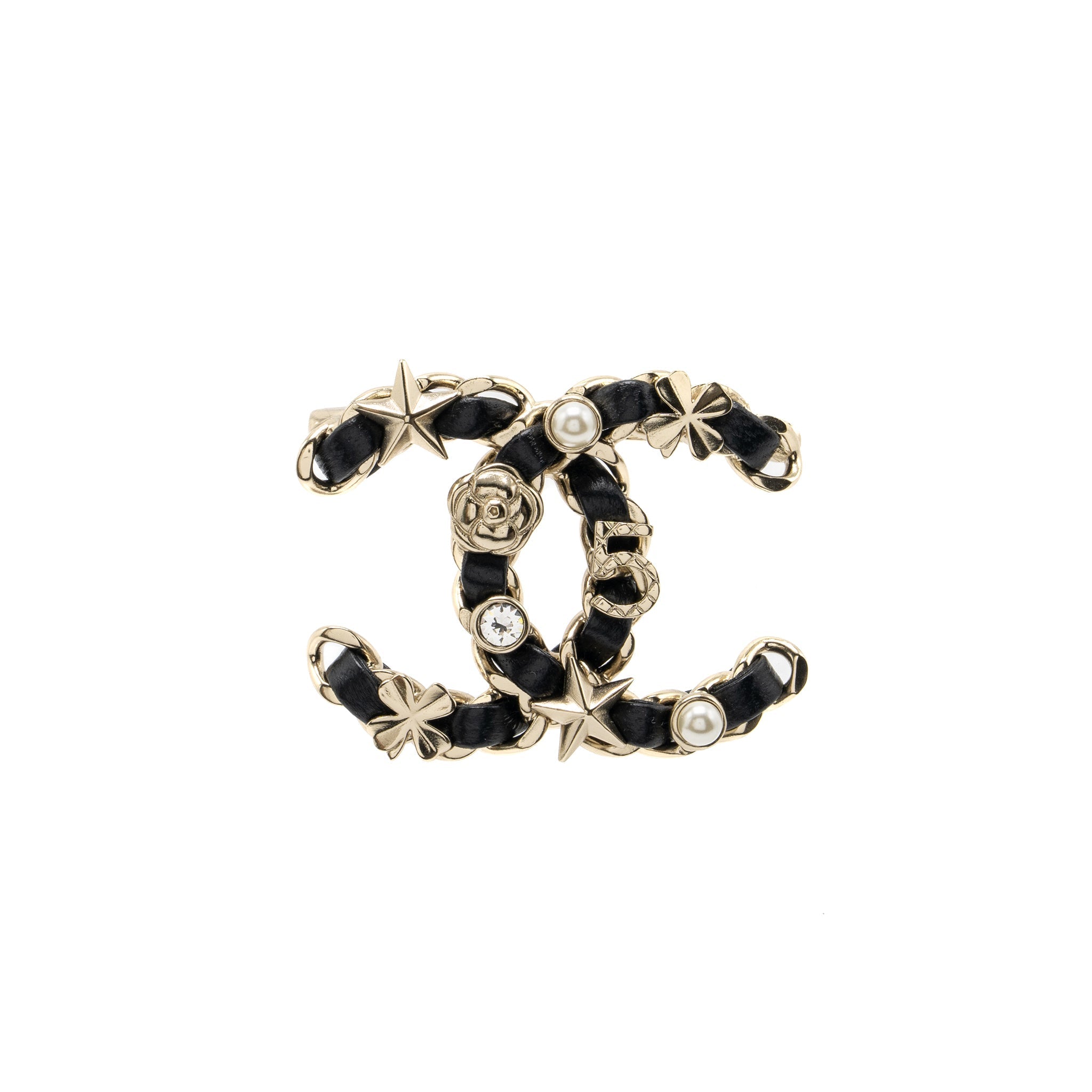 CHANEL CAMELLIA/LEATHER CHAIN/CRYSTAL/PEARL BROOCH LIGHT GOLD TONE