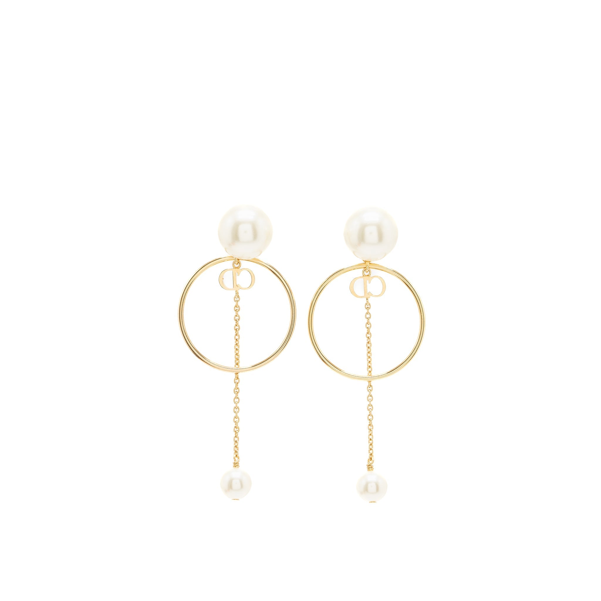 DIOR CD LOGO ROUND DROP EARRINGS PEARL GOLD TONE
