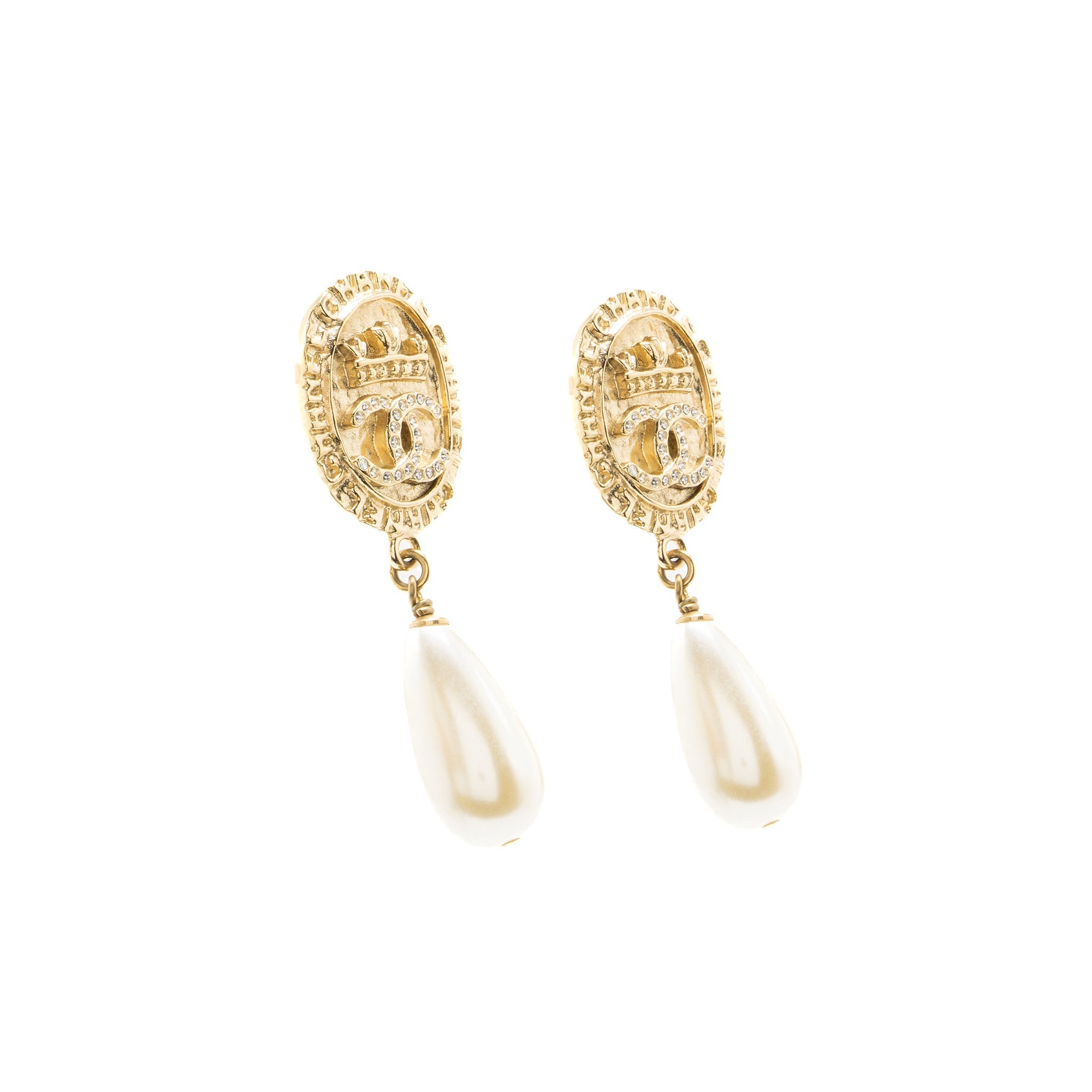 CHANEL CC LOGO EARRINGS PEARL DROPPED CRYSTAL GOLD TONE
