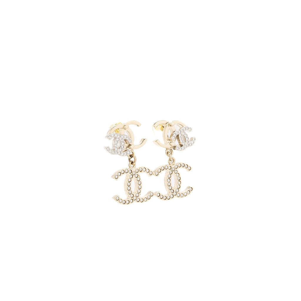CHANEL DOUBLE CC WITH CC DROP EARRINGS CRYSTAL LIGHT GOLD TONE
