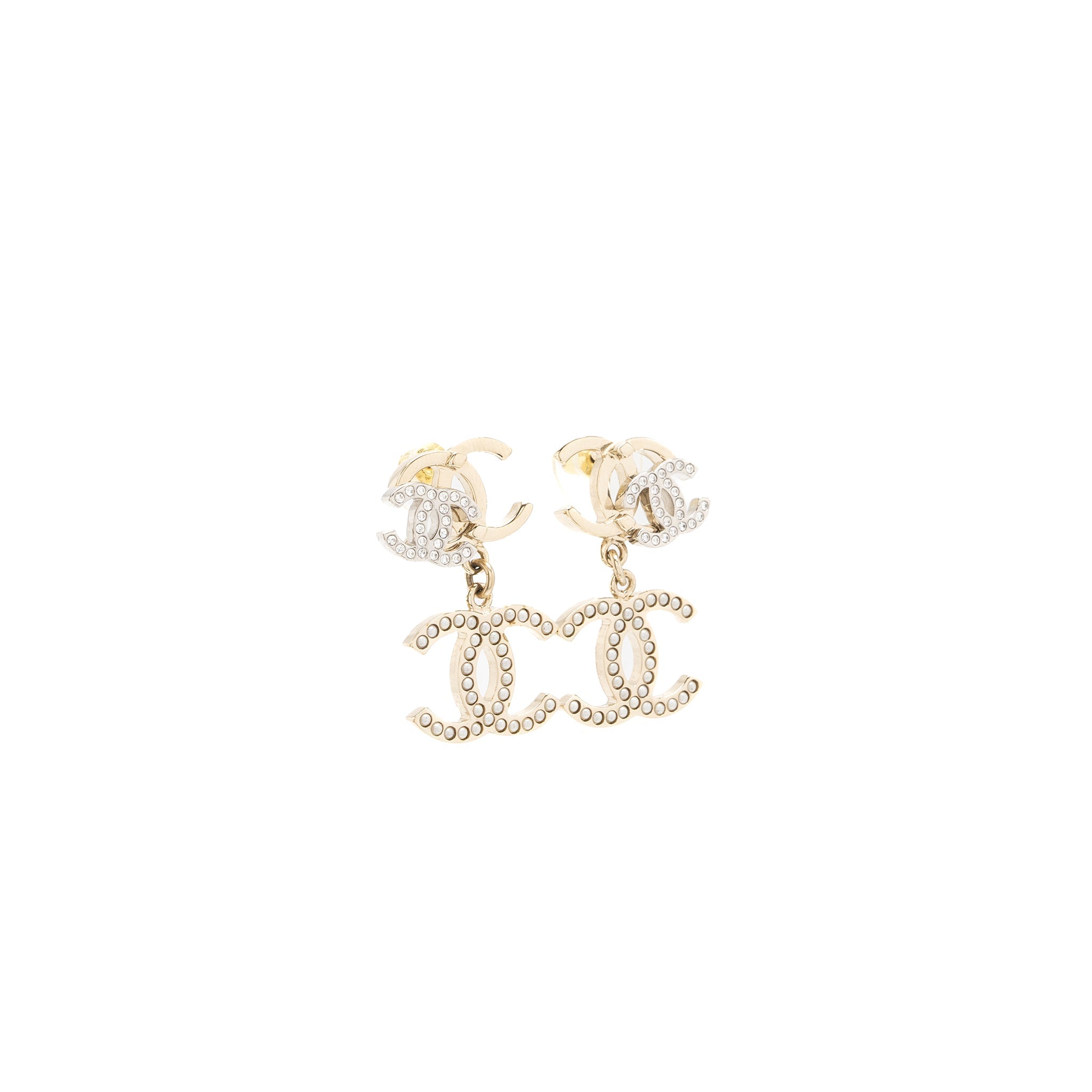 CHANEL DOUBLE CC WITH CC DROP EARRINGS CRYSTAL LIGHT GOLD TONE