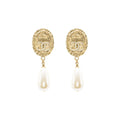 CHANEL CC LOGO EARRINGS PEARL DROPPED CRYSTAL GOLD TONE