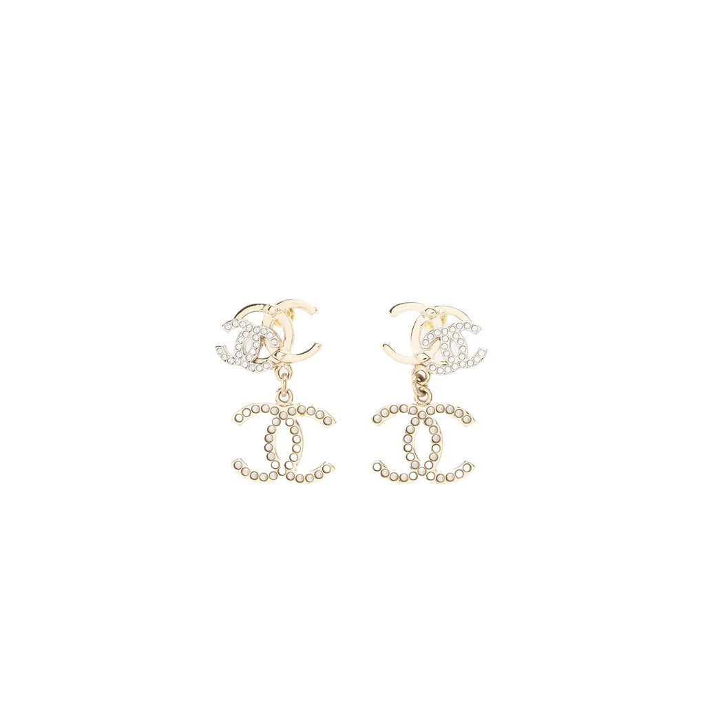 CHANEL DOUBLE CC WITH CC DROP EARRINGS CRYSTAL LIGHT GOLD TONE