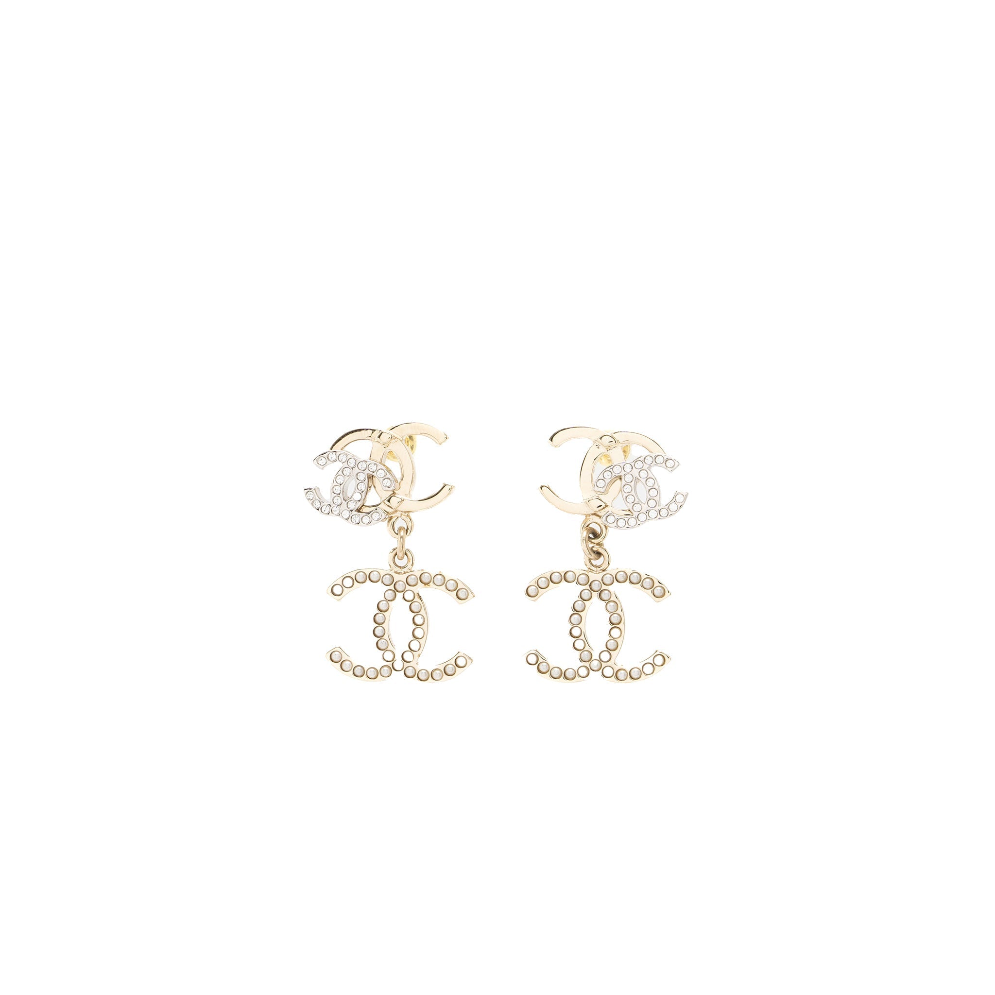 CHANEL DOUBLE CC WITH CC DROP EARRINGS CRYSTAL LIGHT GOLD TONE