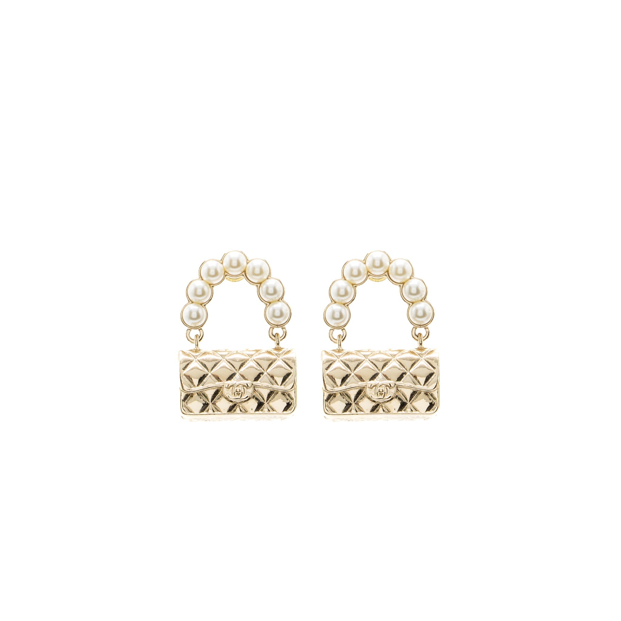 CHANEL FLAP BAG DROPPED EARRINGS PEARL LIGHT GOLD TONE
