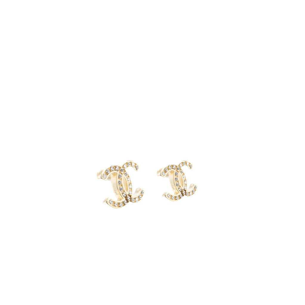 CHANEL CC LOGO EARRINGS CRYSTAL LIGHT GOLD TONE