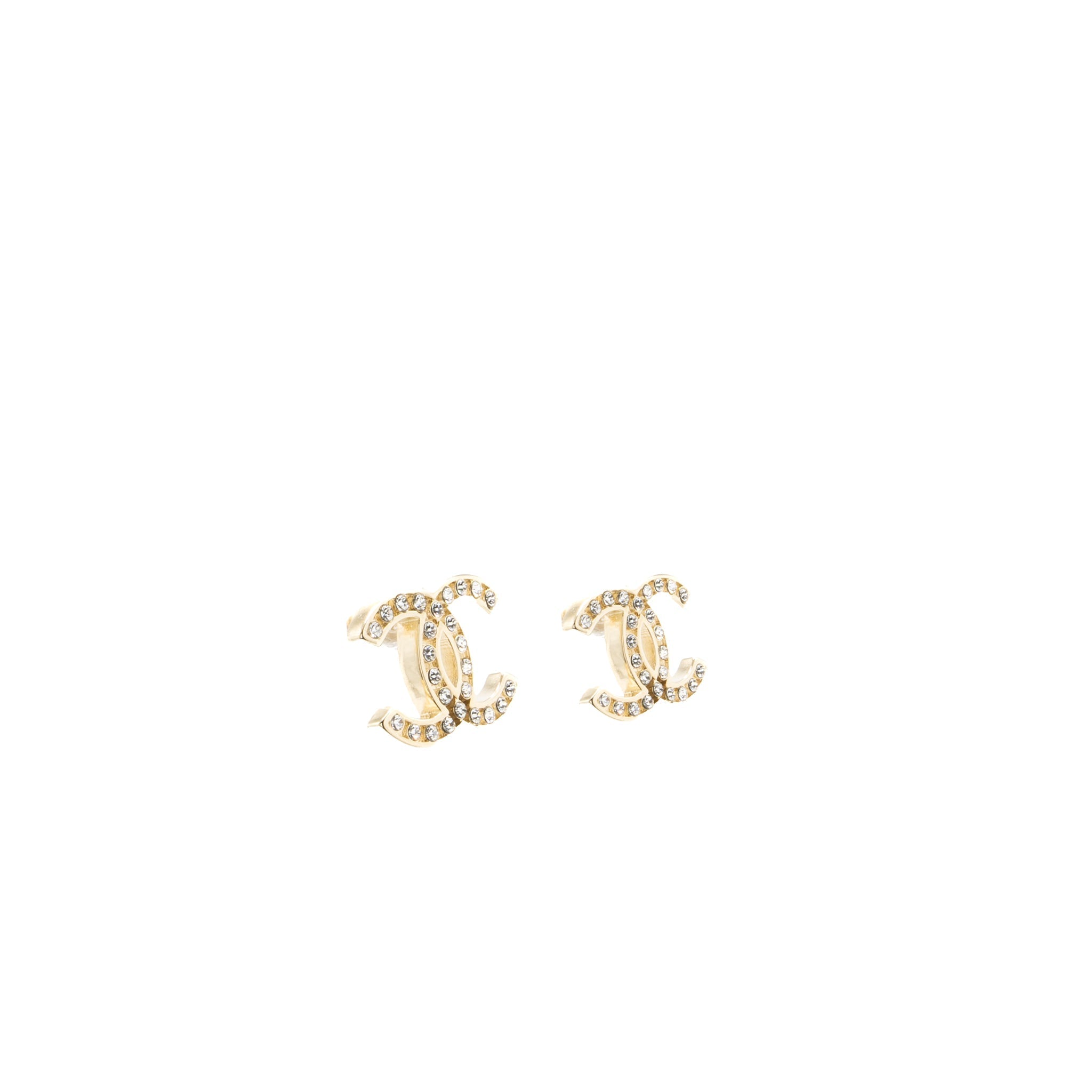 CHANEL CC LOGO EARRINGS CRYSTAL LIGHT GOLD TONE