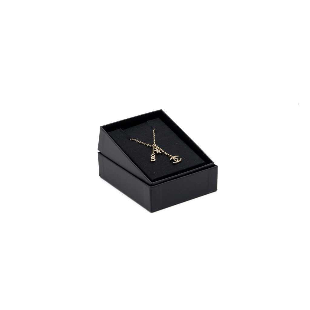 CHANEL NO.5/STAR/CC LOGO DROPPED CRYSTAL NECKLACE LIGHT GOLD TONE