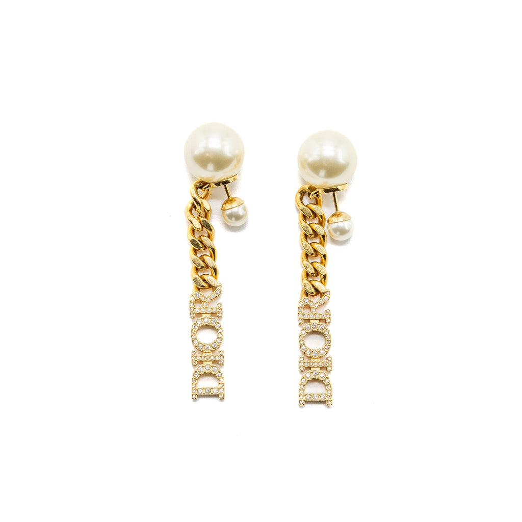 DIOR LETTER DROPPED EARRINGS CRYSTAL/PEARL GOLD TONE