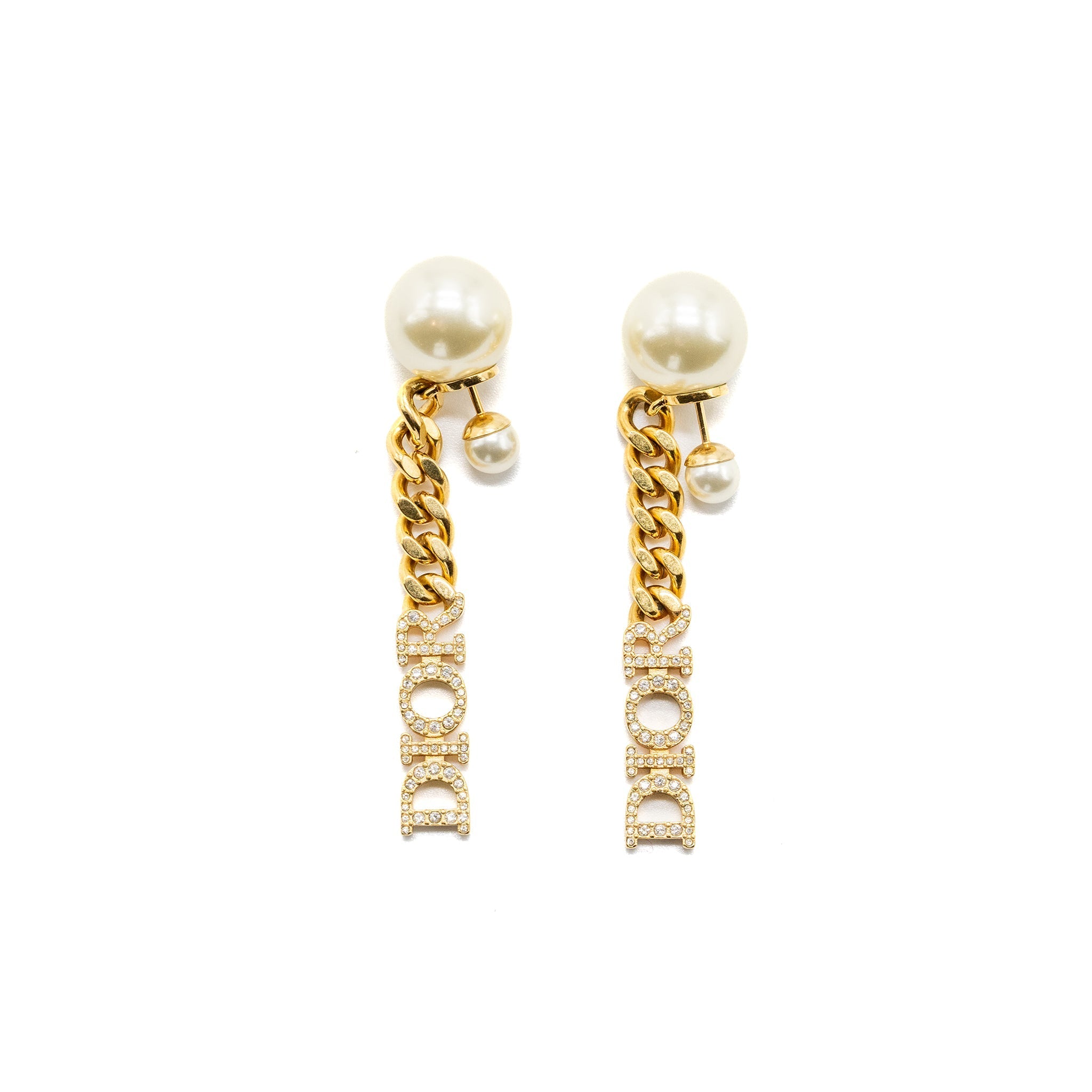 DIOR LETTER DROPPED EARRINGS CRYSTAL/PEARL GOLD TONE